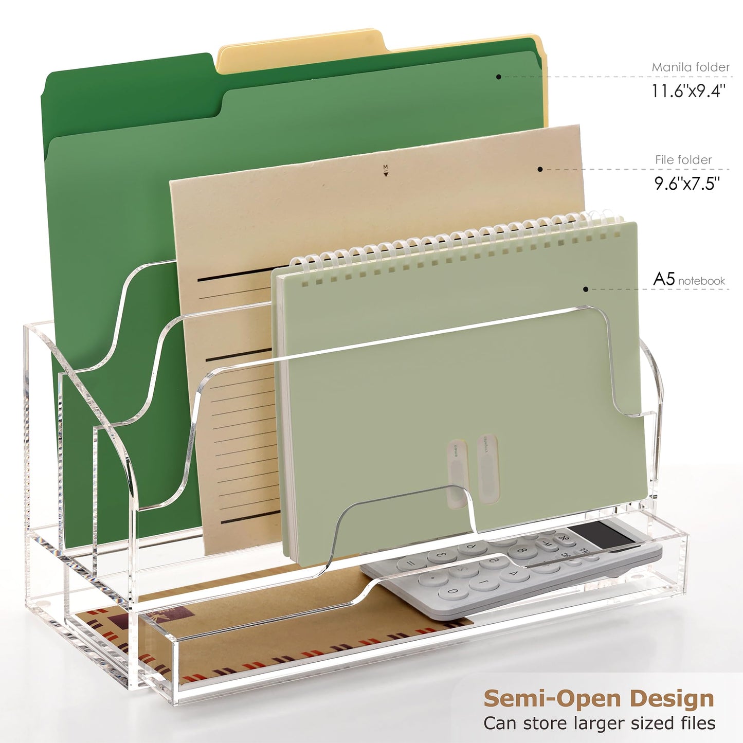 SANRUI Clear Desk Organizer Holder with Drawers, Acrylic Desktop Manila folders File Mail Sorter Box, Office Desk Accessories & Workspace Envelope Bill Letter Organization Racks, 3 Compartments