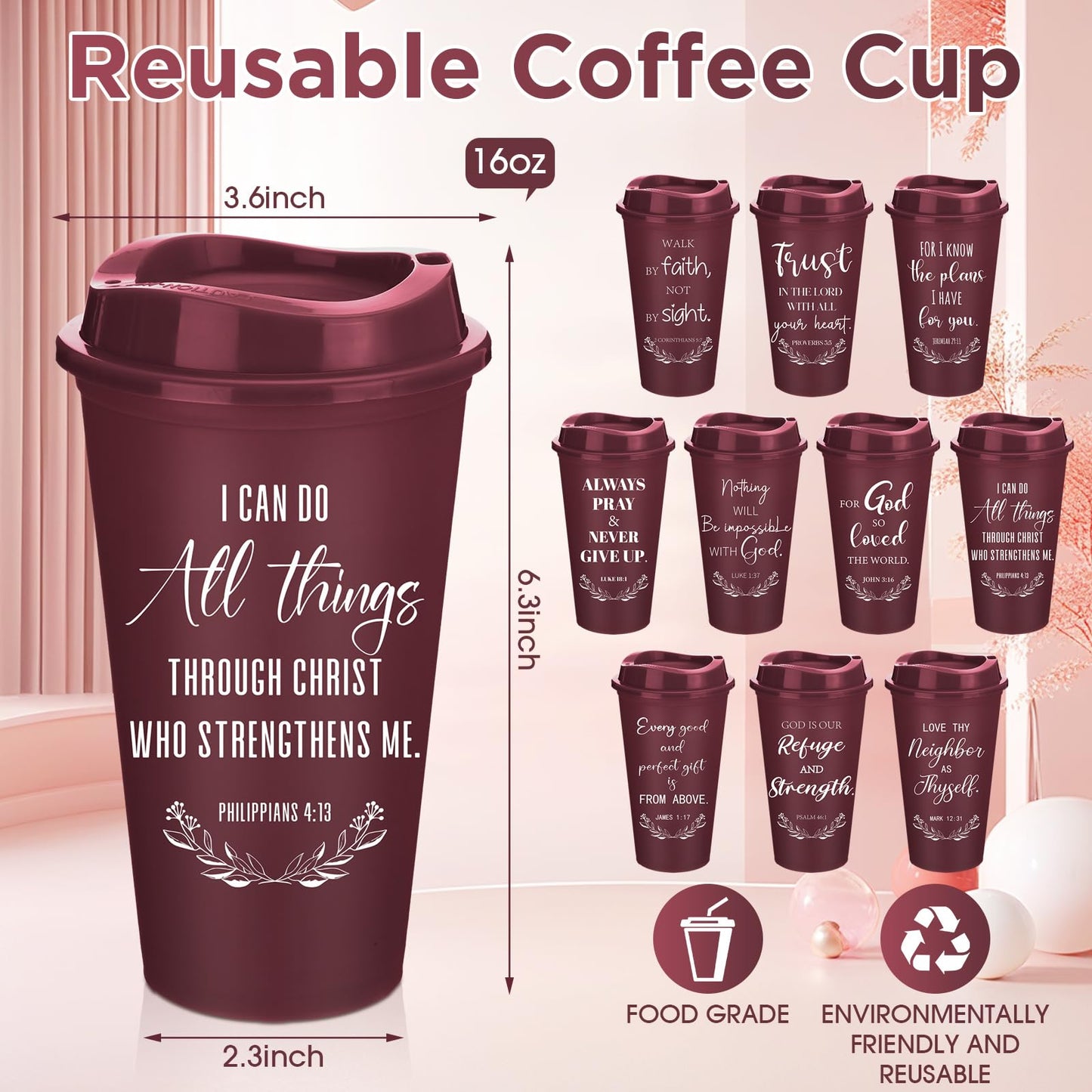 Skylety 40 Pack Christian Gifts for Fathers Bulk Church Gifts for Men 16oz Inspirational Bible Verse Coffee Cups with Lids for Dad Teacher Graduation Party Favor (Burgundy)