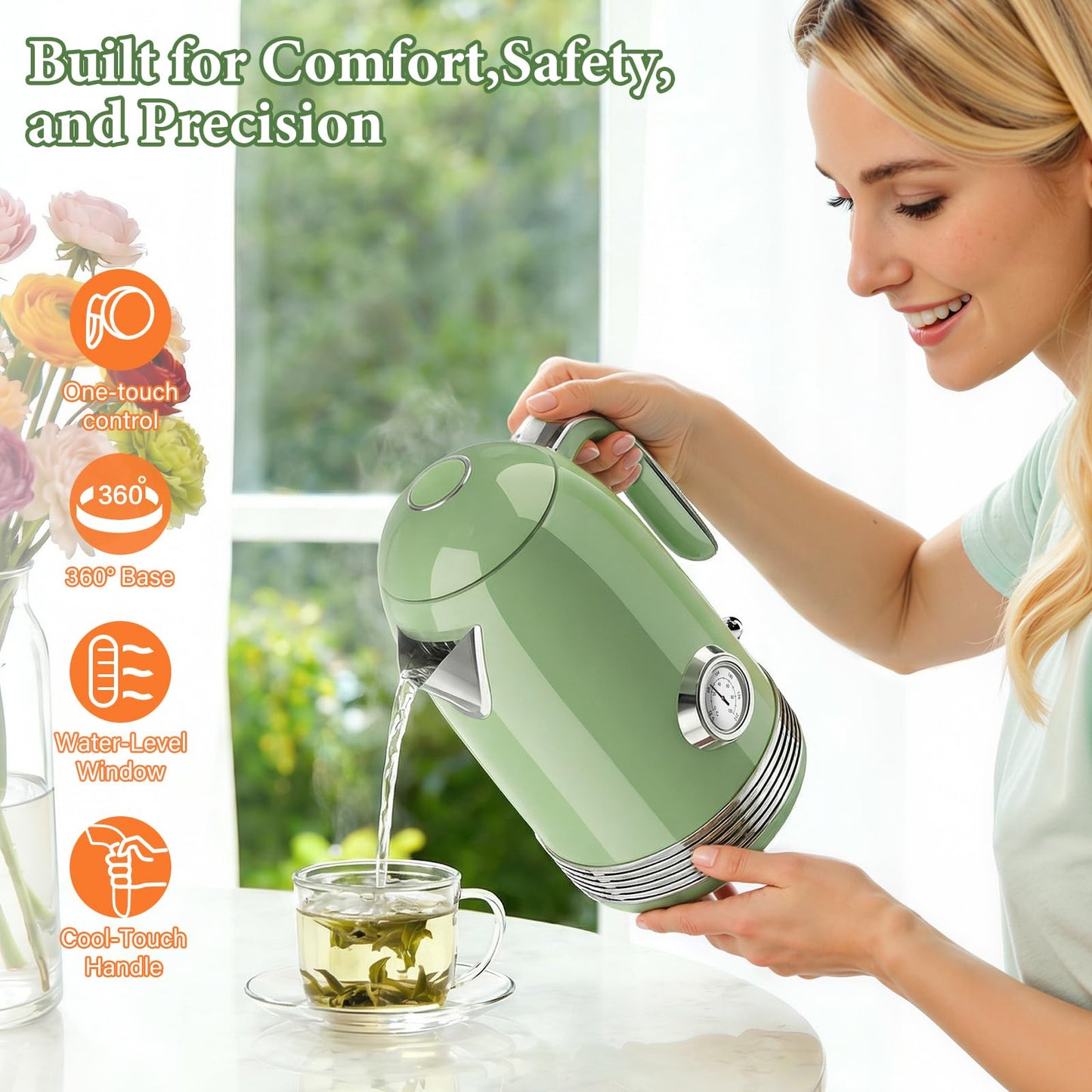BlissWhisper 1.7L Electric Tea Kettle with Thermometer, 1500W Retro Stainless Steel Hot Water Kettle,Fast Boil Cordless Electric Kettle,Auto Shut-Off & Boil-Dry Protection