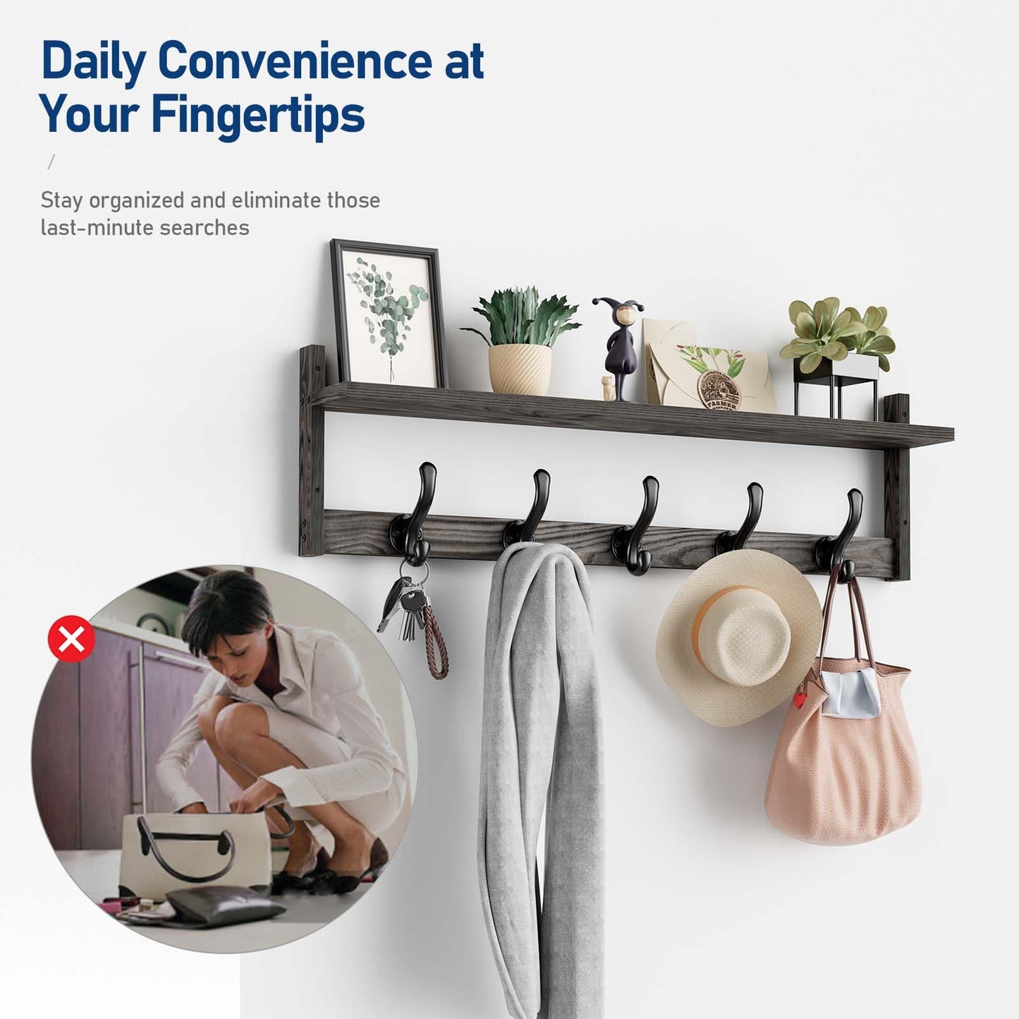 Tatub 29'' Coat Rack Wall Mount with Shelf, Wood Wall Hooks with Storage, Entryway Shelf with 5 Coat Hangers for Bathroom, Living Room, Bedroom, Ebony