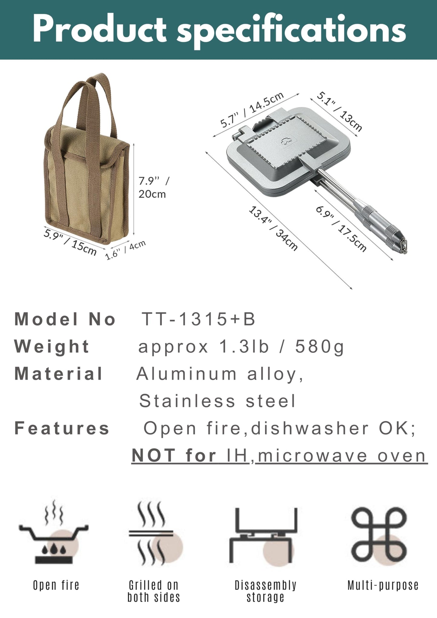 camping moon Sandwich Maker Hot Sand Single Burner Gas Fire Open Fire Compact Aluminum TT-1315 (Silver w/bag)