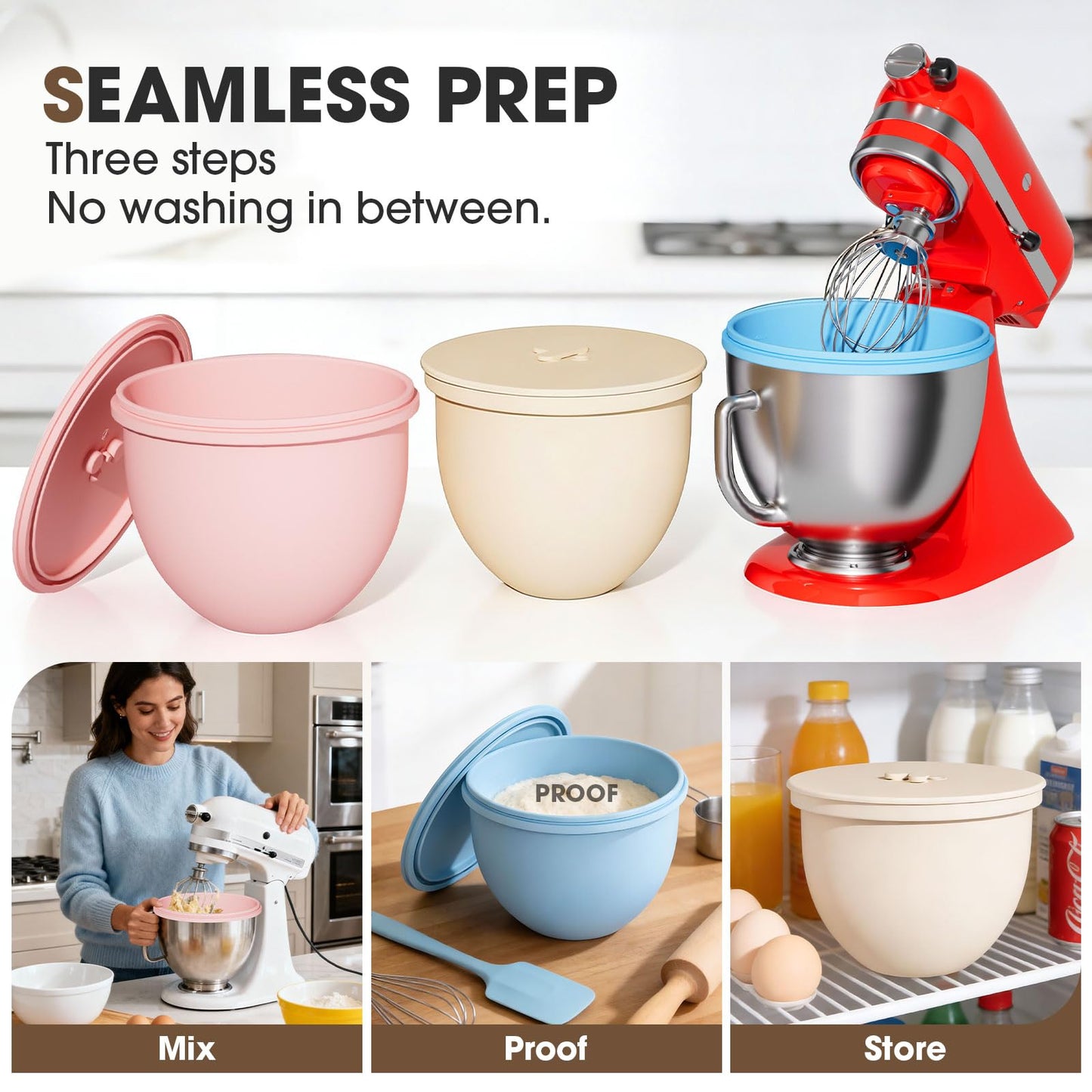 Snuggery 3Pcs 5QT Silicone Bowl Liner for KitchenAid Tilt-Head Stand Mixers – Food-Grade Silicone Insert with Sealable Lid, Vent Holes & ml Markings – Heat-Resistant, Stackable Design