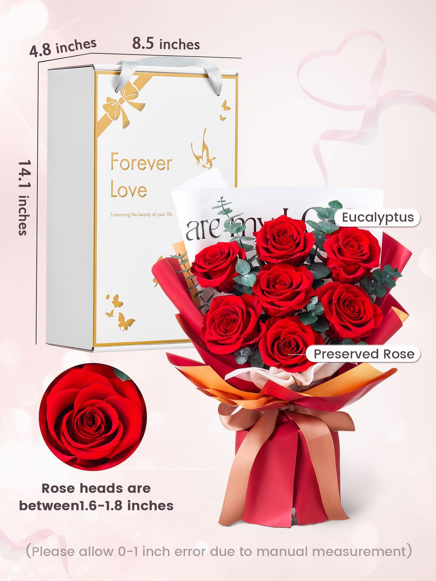 Mosstory Roses Bouquet 7-Piece Forever Flowers Bouquet Gift for Her Women Wife Mothers Anniversary Birthday Wedding (Red Roses)