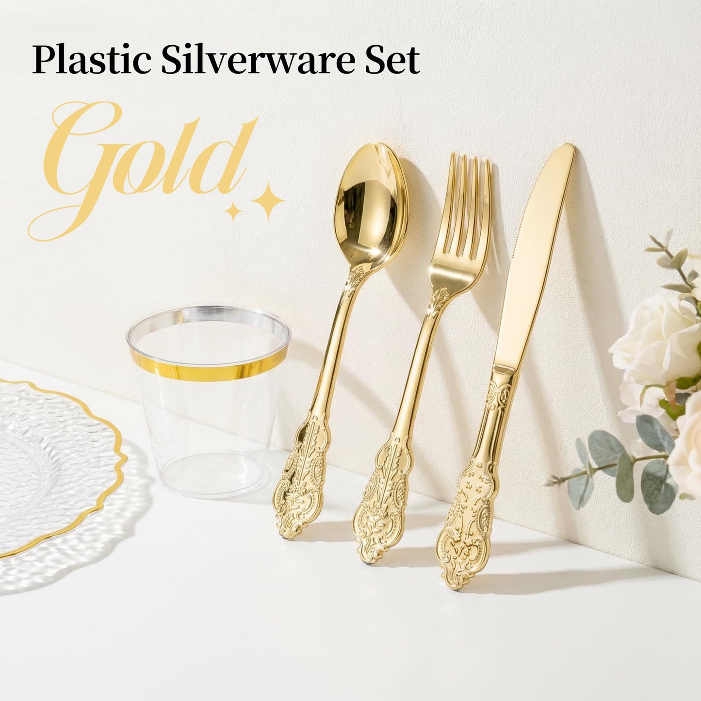 N9R 300pcs Gold Plastic Silverware Dinnerware Flatware- Heavyweight Plastic Cutlery Set, 100 Forks, 100 Spoons, 100 Knives, Gold Utensils for Party, Thanksgiving, Christmas