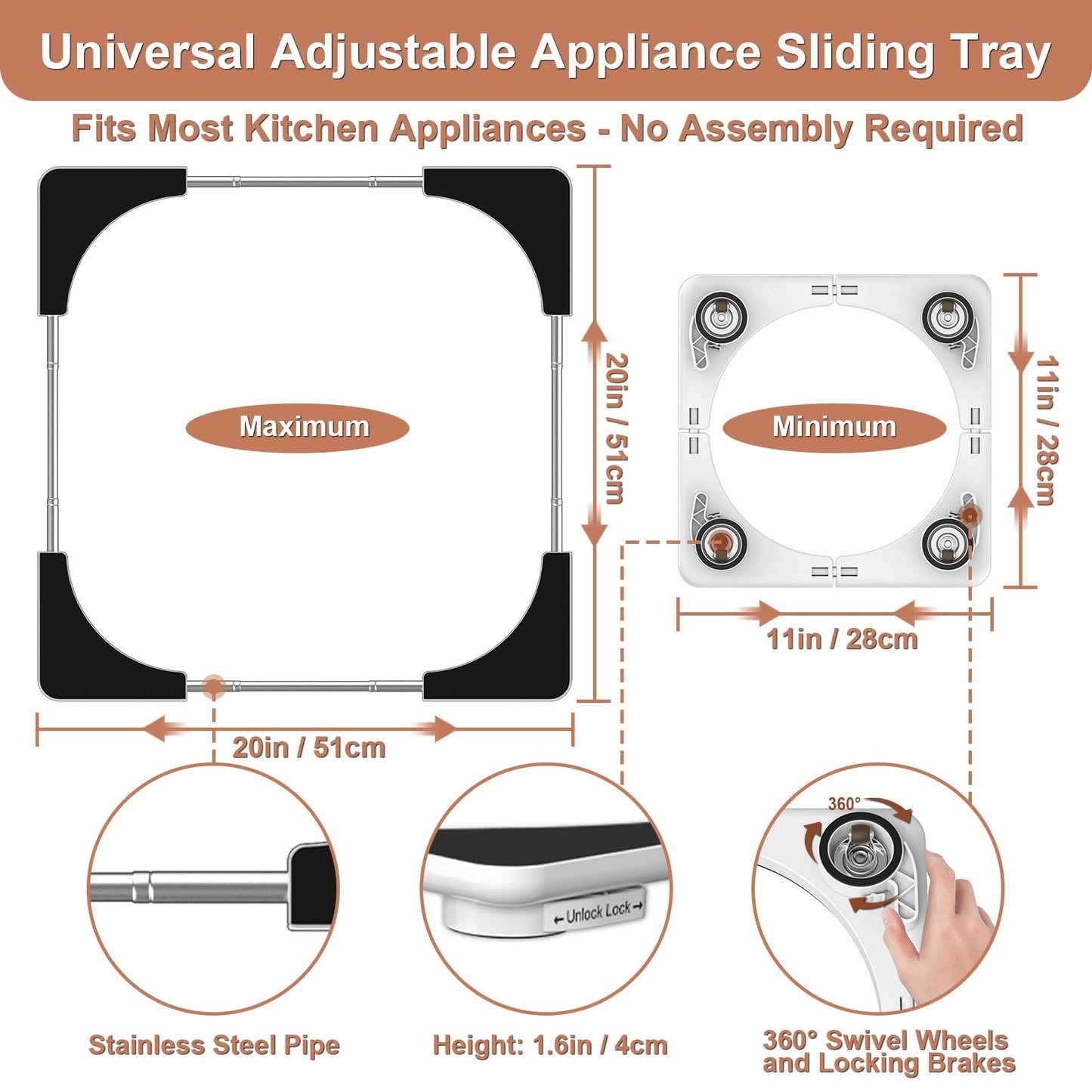 Adjustable Appliance Sliding Tray - Expandable 11" x 11"- 20" x 20" Slider Tray for Kitchen Appliances - 360° Countertop Rolling Tray with Locking Brakes for Coffee Makers