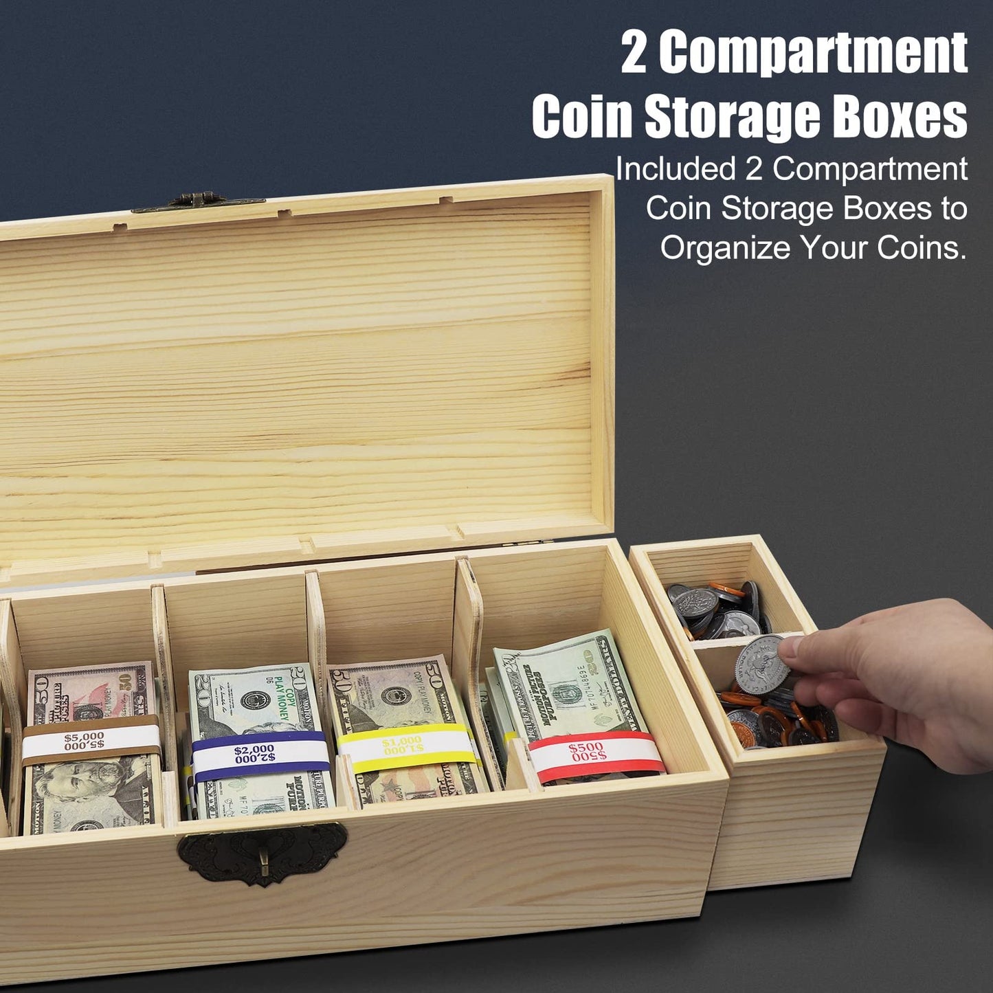 Mczxon Wooden Locking Currency Money Cash Tray with Coin Tray, 5 Compartment Wooden Cash Money Currency Organizer Storage Change Box Case Holder Moneyboxes with Lockable Cover 300 Money Wrappers