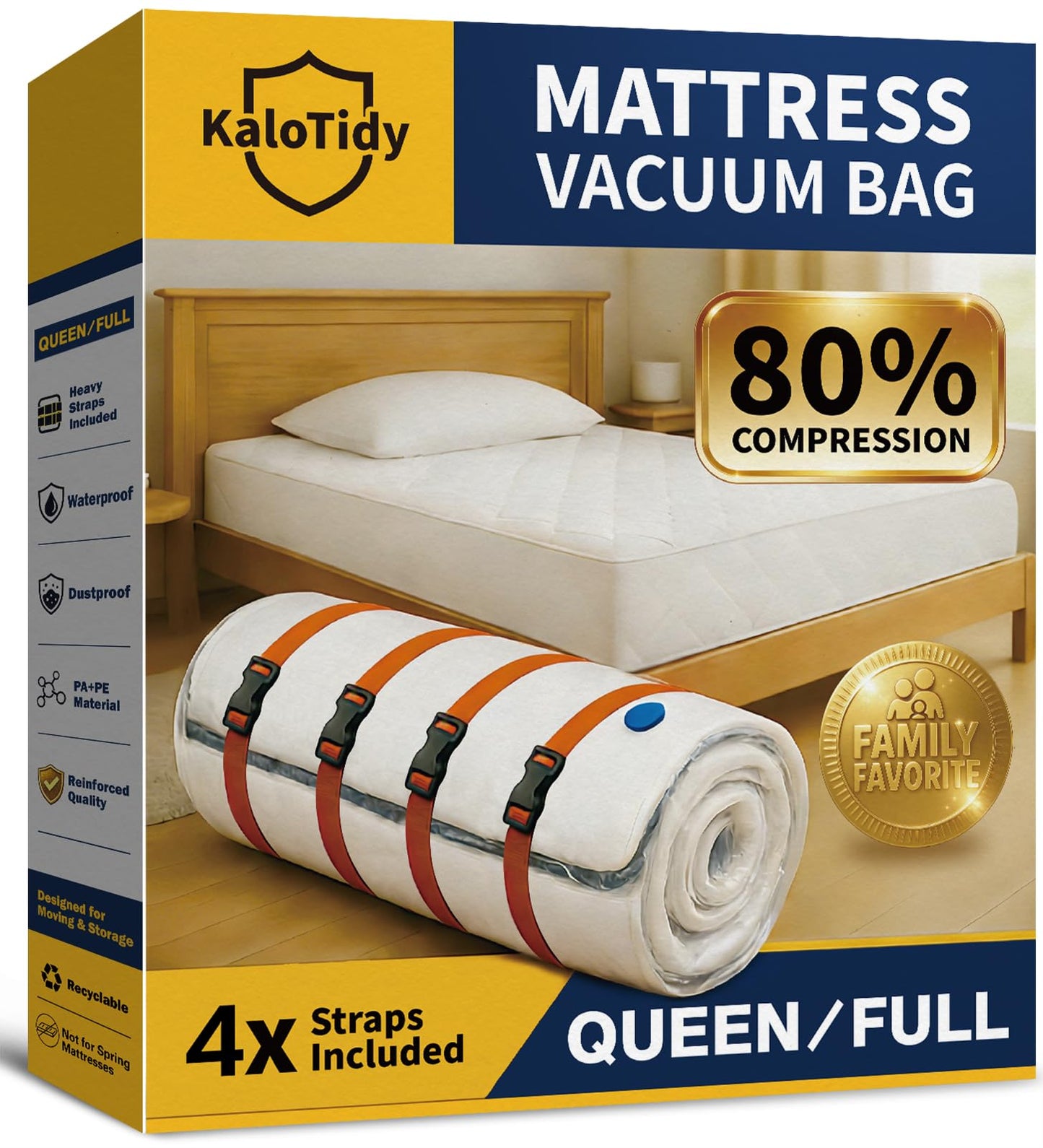 Memory Foam Mattress Vacuum Bag, Heavy-Duty Mattress Storage Bag for Moving and Transport, Mattress Compression Bag with Straps & Dual-Zip Seal (Orange Straps, Queen/Full-XL)