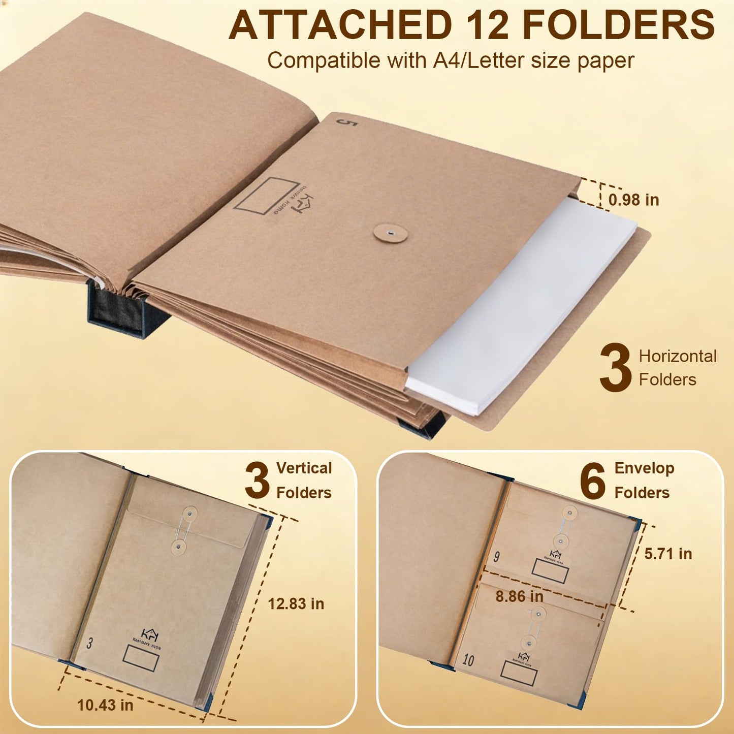 Keenmark Home Upgraded Important Document Organizer, Enlarged File Folder Organizer with 12 Pockets, Expandable File Organizer for Home Records, Legal and Medical Papers (Brown)