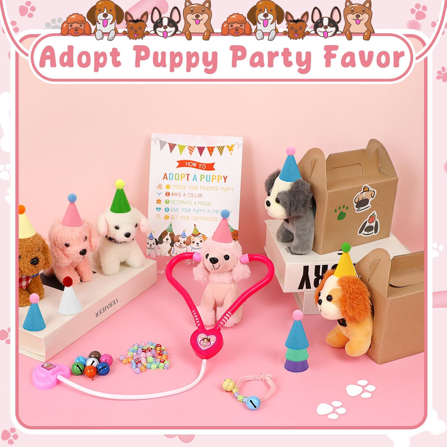 Adopt a Dog Party Favors Set - 12 PCS Plush Stuffed Puppies with Party hats include Paper House, fence, Adoption Cards, DIY Collars, House Decor and Check-up Accessories for Puppy Party Birthday