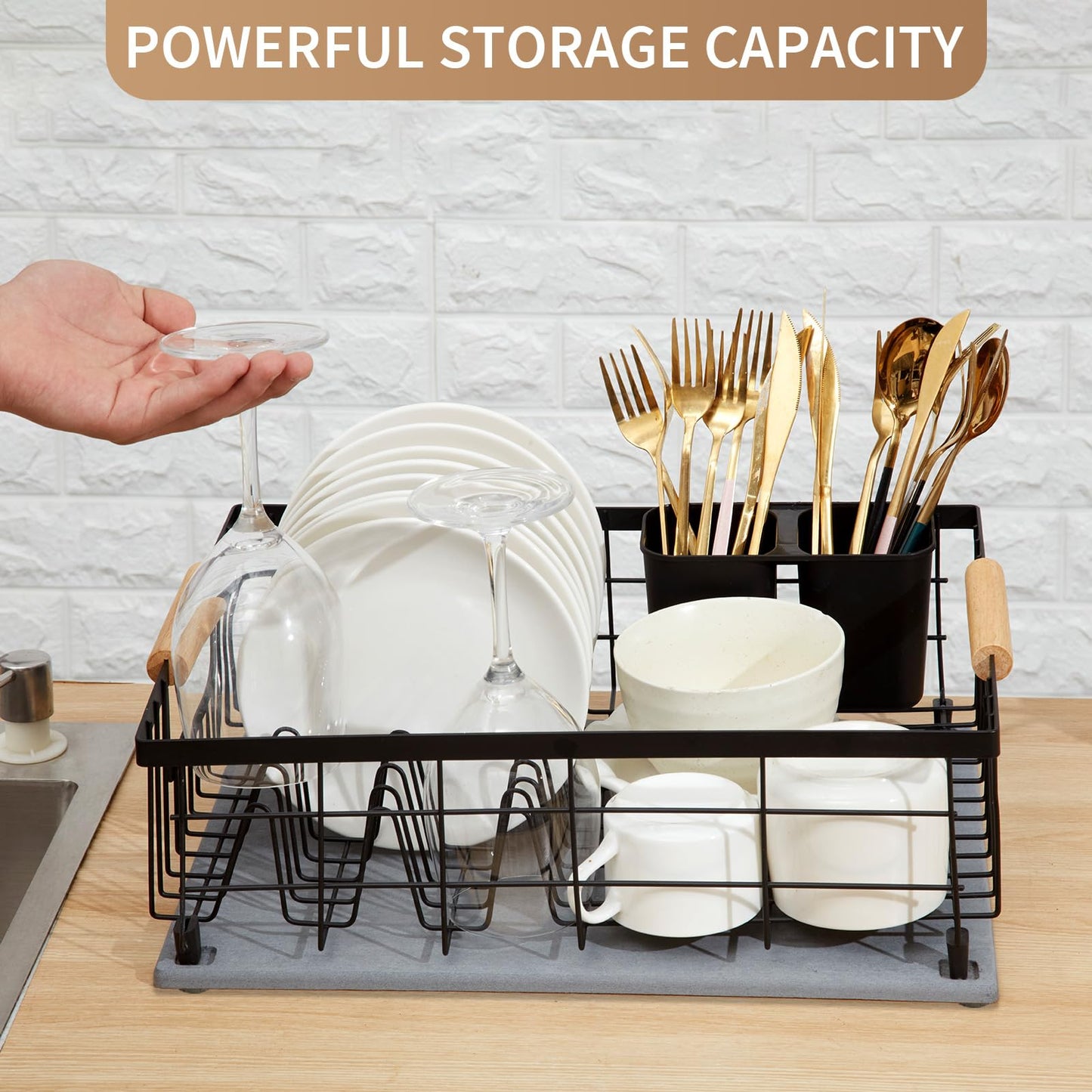 Lalaunicky Dish Drying Rack with Stone Dish Drying Mat for Kitchen Counter, Dish Drainer with Diatomaceous Earth Quick Dry Mat, Organization and Storage Essentials with Cup & Cutlery Holders