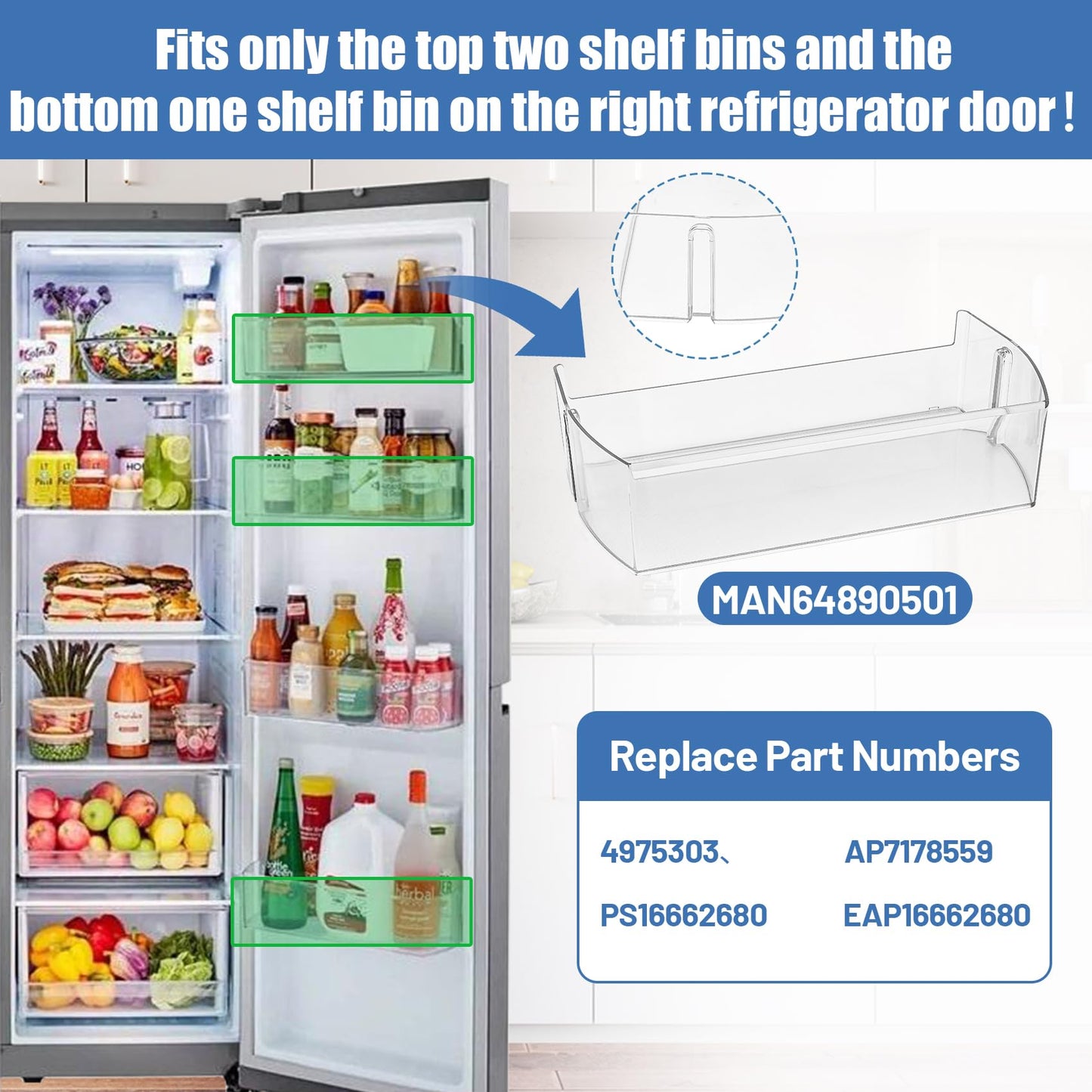 UPGRADED MAN64890501 Refrigerator Door Shelf Bin Compatible With LG Refrigerator Door Bin LRSOS2706S LRSXS2706S LRSXS2706V LRSXS2706W LRSDS2706S Fridge Gallon Shelf Door Basket Replacement Right