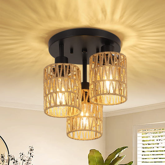 3-Lights Boho Light Fixtures Ceiling Mount, Farmhouse Rattan Chandelier, Hand Woven Cage Shade Semi Flush Mount Ceiling Lights for Bedroom Foyer Entryway Kitchen, Hallway Rattan Light Fixtures Ceiling