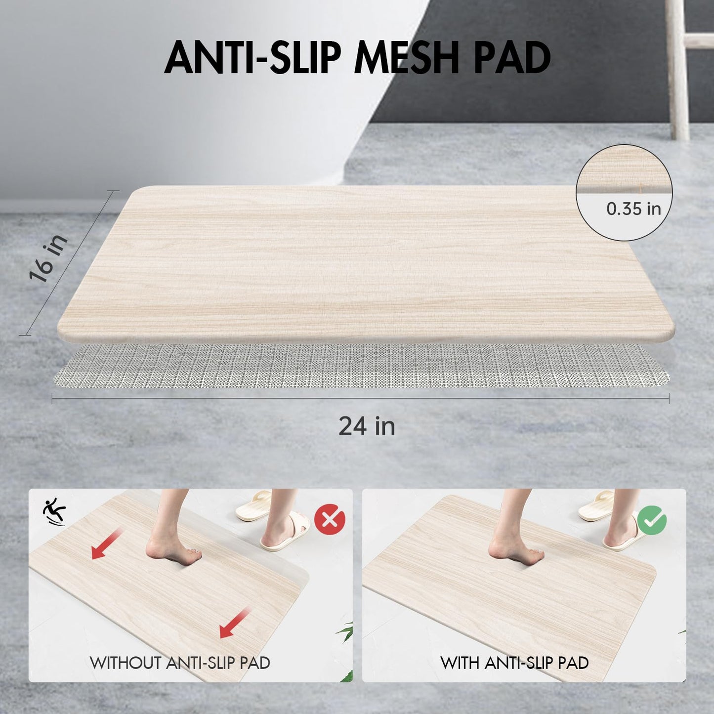 2 Pack Stone Bath Mat for Bathroom|Diatomaceous Earth Bath Mat|Quick Dry Water Absorbing Bath Stone Mat Large|Non-Slip Bathroom Shower Rug|Easy to Clean (24×16'', Wood Grain, Square)