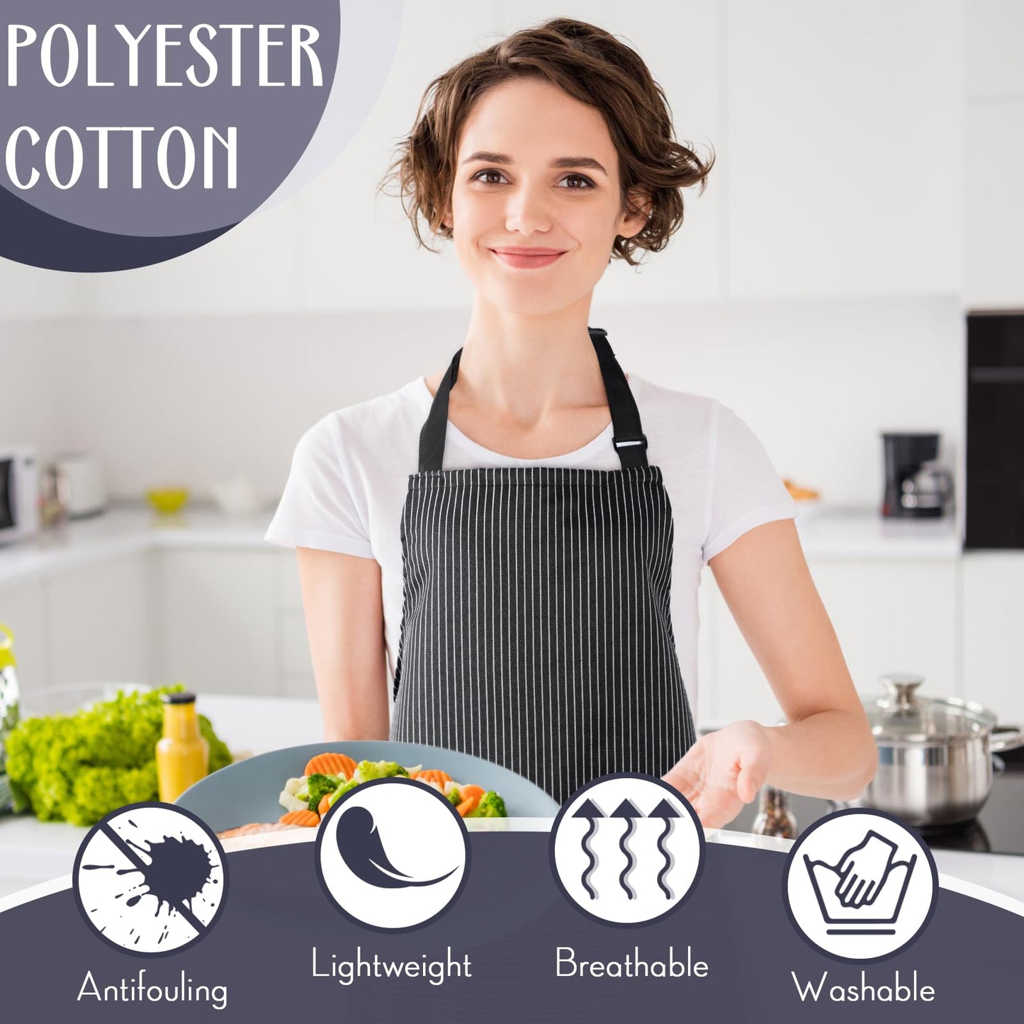 Handepo 12 Pcs Cotton Aprons for Women Men with Pockets Soft Adjustable Bib Stripe Aprons for Cooking Kitchen Chef(Black,Thin Stripes)