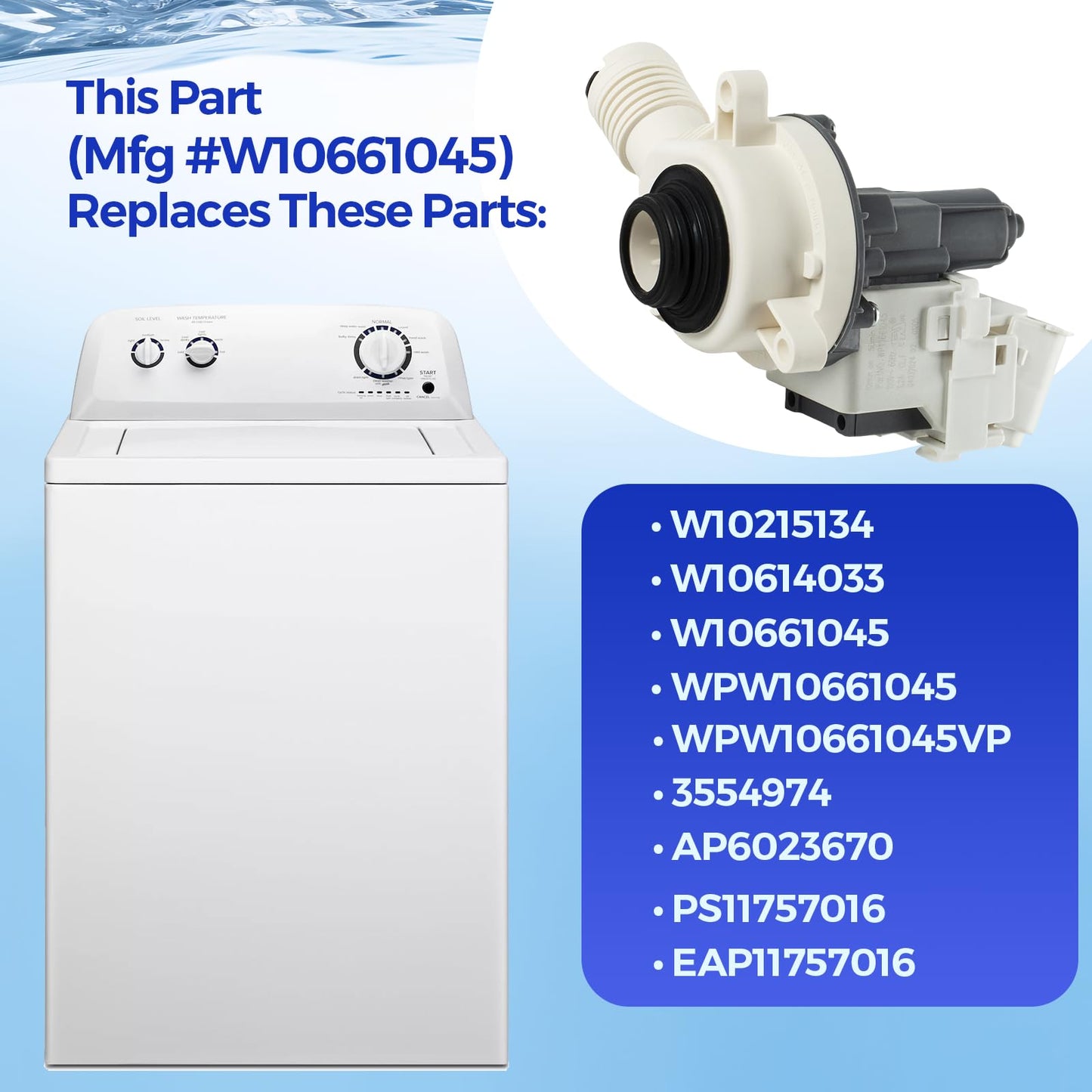 OEM W10661045 W10614033 W10215134 Washer Drain Pump Compatible with Whirlpool Amana Crosley Maytag Inglis Kenmore Admiral Washer, Replacement Part WPW10661045 3554974 AP6023670 PS11757016 EAP11757016