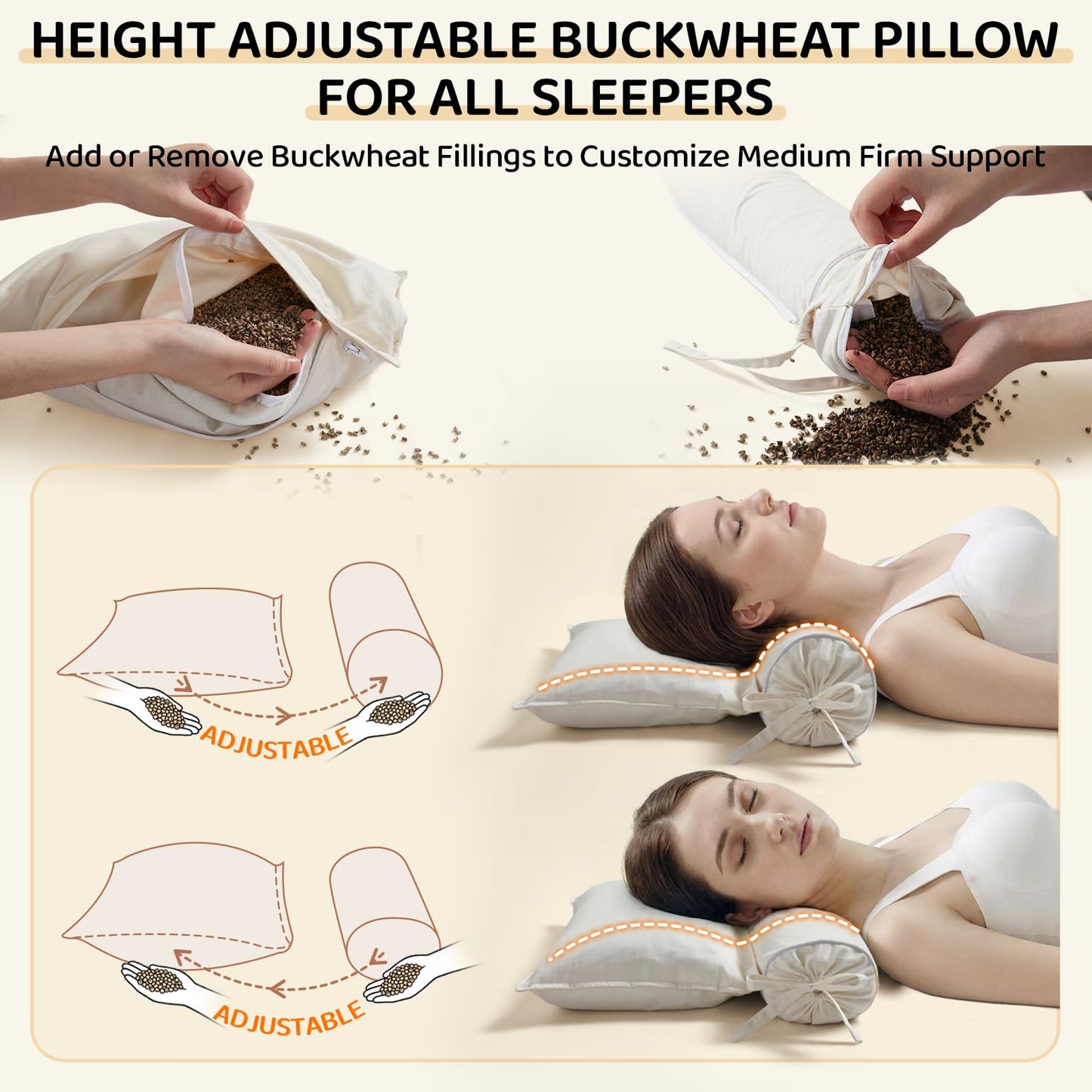 LOFE Buckwheat Pillow - 3 Point Support Buckwheat Hull Pillow for Less Pain, 2IN1 Tartary Buckwheat Neck Roll Pillow for Best Support, Adjustable Cervical Neck Pillow with Organic Cotton Pillowcase