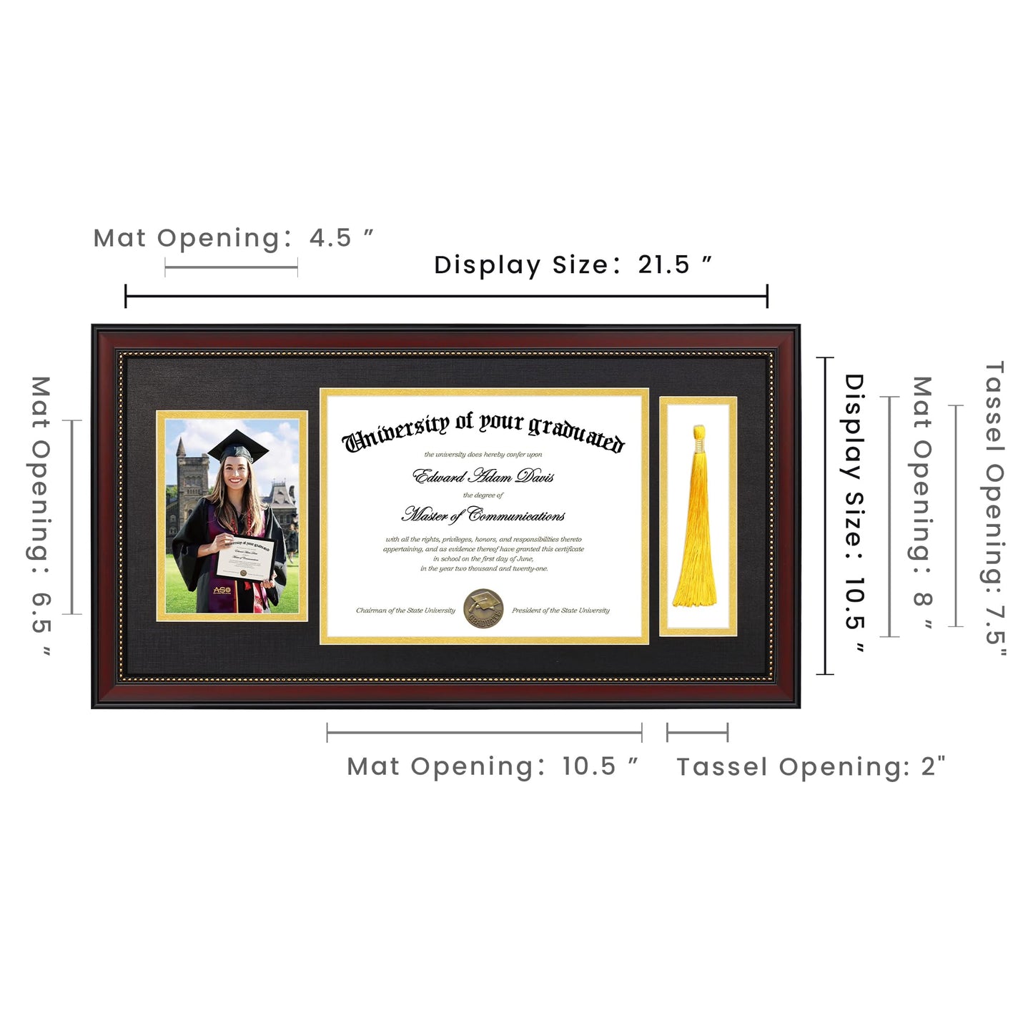 upsimples 11x22 Diploma Frame with Tassel Holder for 8.5x11 Certificate and 5x7 Photo with Black over Gold Mat, High Definition Glass, Mahogany with Gold Beads, 1 Pack