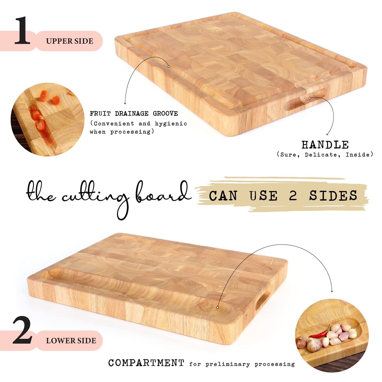 End Grain Cutting Board, Extra Large & Thick, End Grain Built-In Compartment and Juice Canal, Heavy Duty Chopping Board, Thick Carving Board for Bread Fruits Meat (20x15 Inches)