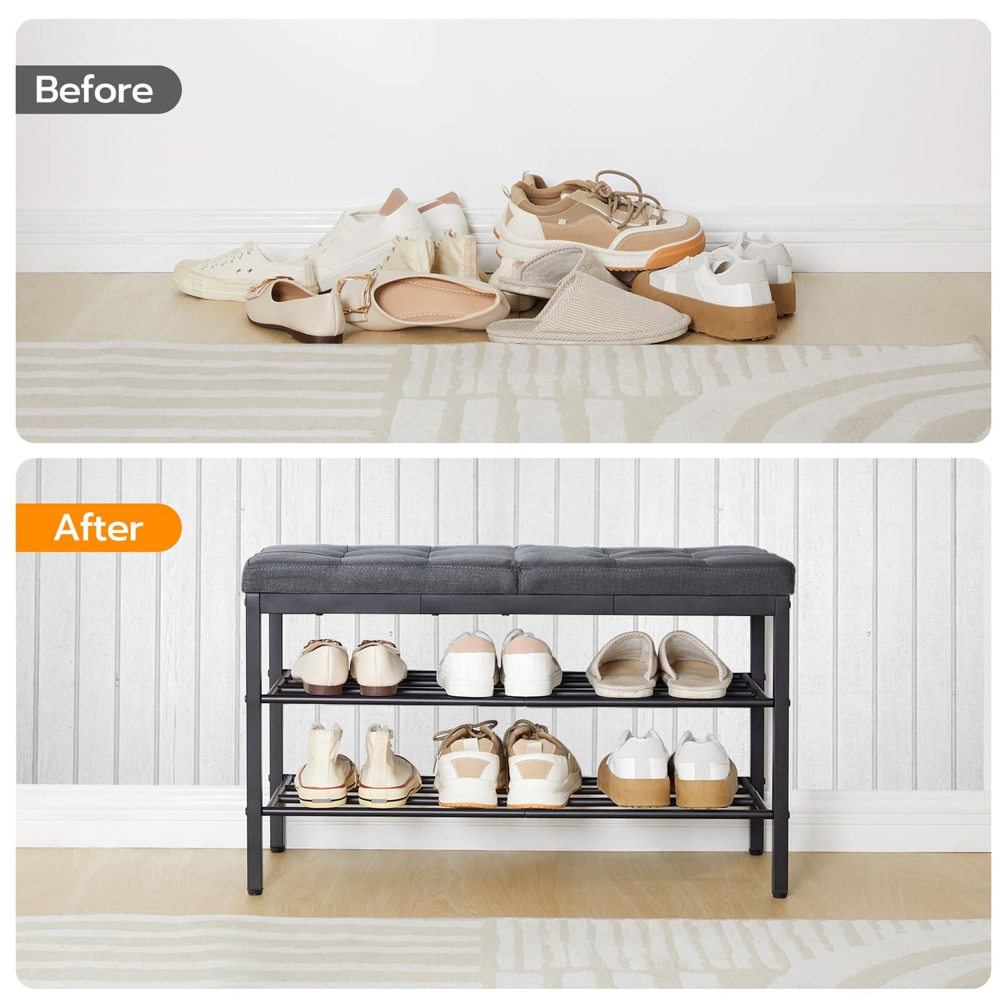 HOOBRO Shoe Bench, Storage Bench with Cushion, Entryway Bench Shoe Shelf with Seat, 12 x 29.5 x 18.1 Inches, Shoe Rack for Living Room, Bedroom, Hallway, Dark Gray BGZ95HX01