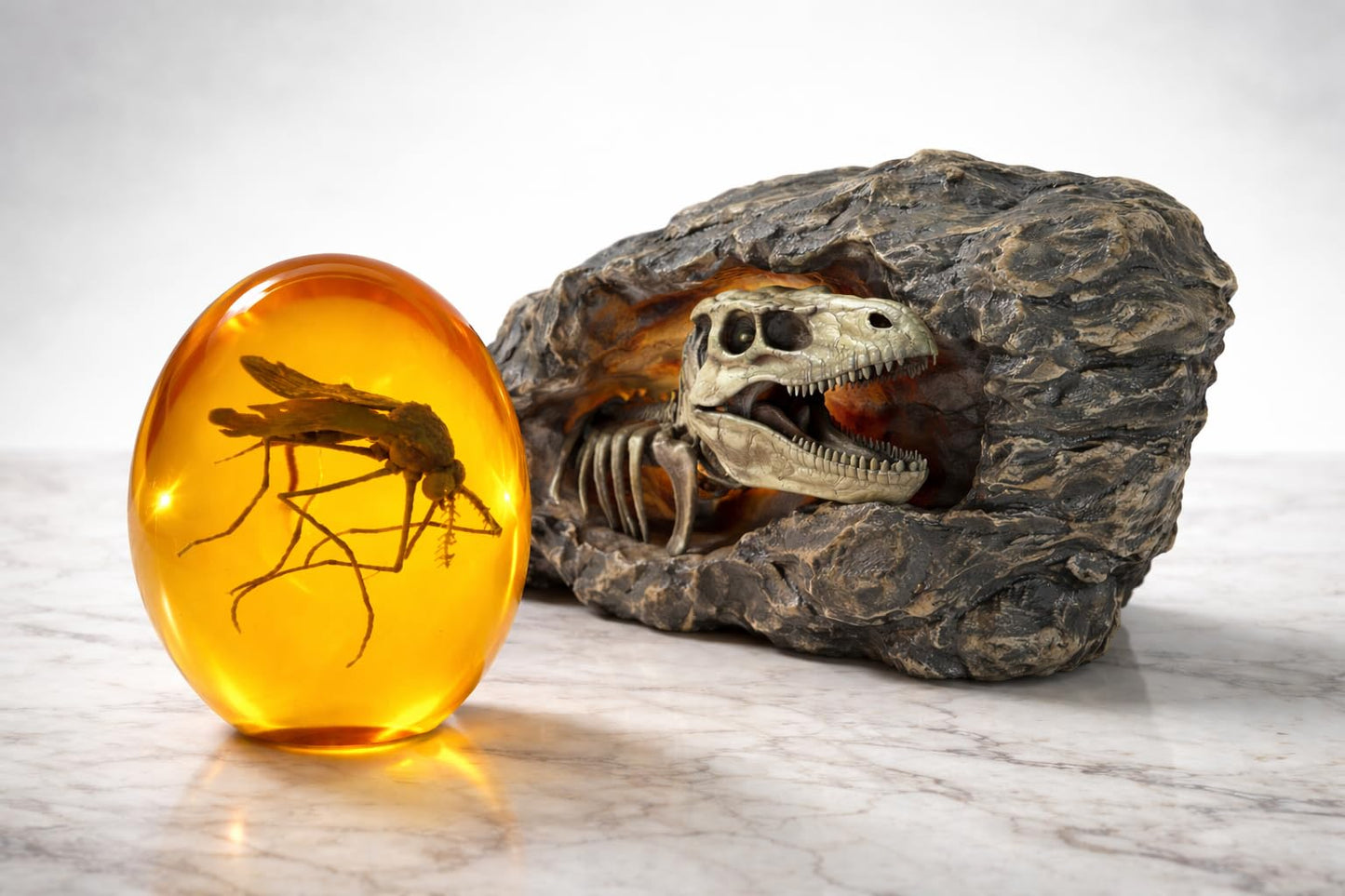 VEOJEIN 3D Mosquito in Amber & Jurassic Cave Fossil Dinosaur Skeleton Collectible Sculpture Resin Model Unique Prehistoric Era Paperweight and Decor Replica Science Gift