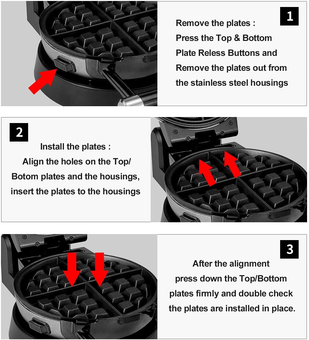 Health and Home 3-in-1 Waffle, Omelet, Egg Waffle Maker, 3 Removable Nonstick Baking Plates, Upgraded 360 Rotating Belgian Maker