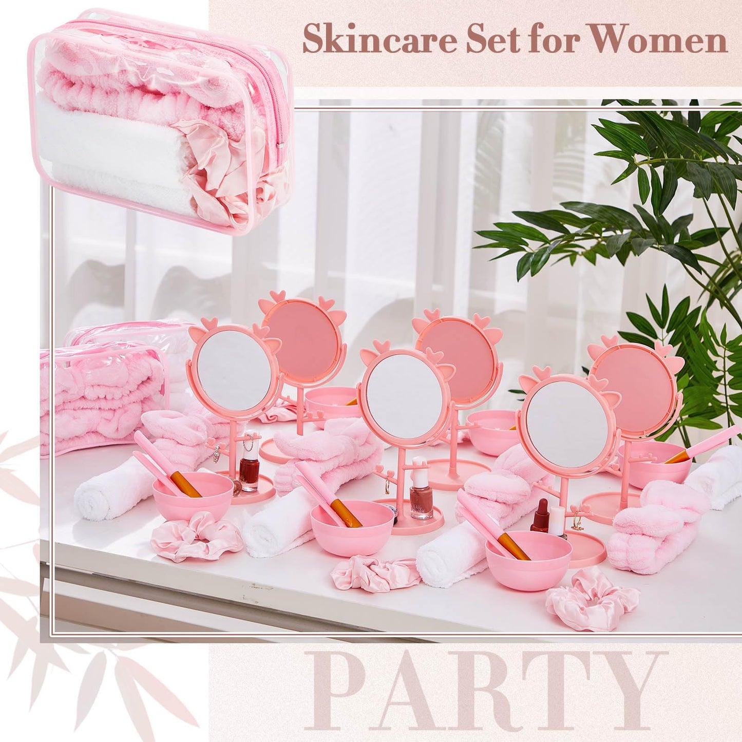 Shinylin 12 Set Spa Sleepover Party Supplies Bulk, Include Face Mask Mixing Bowl Set, Mirror, Headband, Scrunchies, Cosmetic Bags, Face Wash Cloths for Spa Birthday Party (Pink)