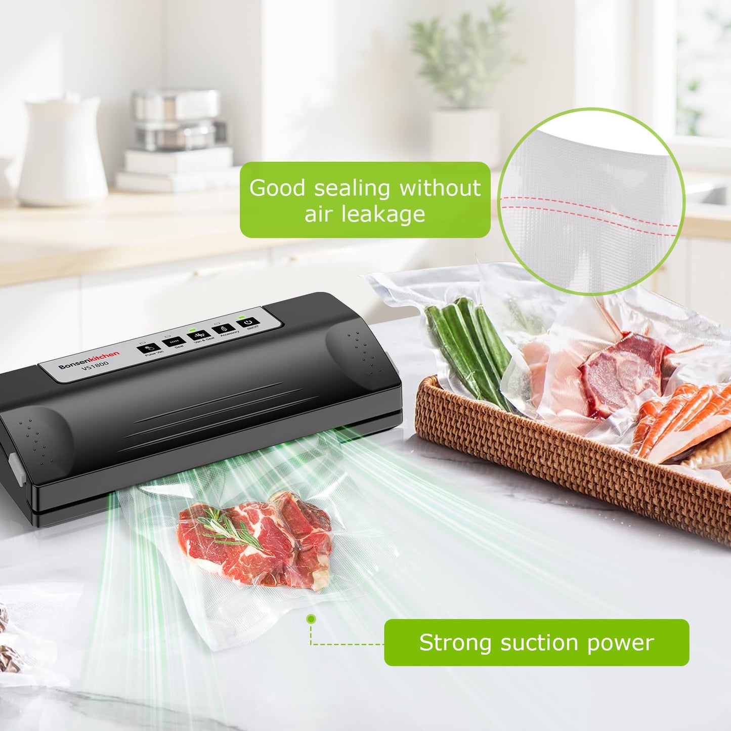 Bonsenkitchen Vacuum Sealer Machine for Food, Multi-Functional Food Sealer, Automatic Operation Mode, Commercial Grade, Compact Design, with 5 Vacuum Bags, Black-Silver