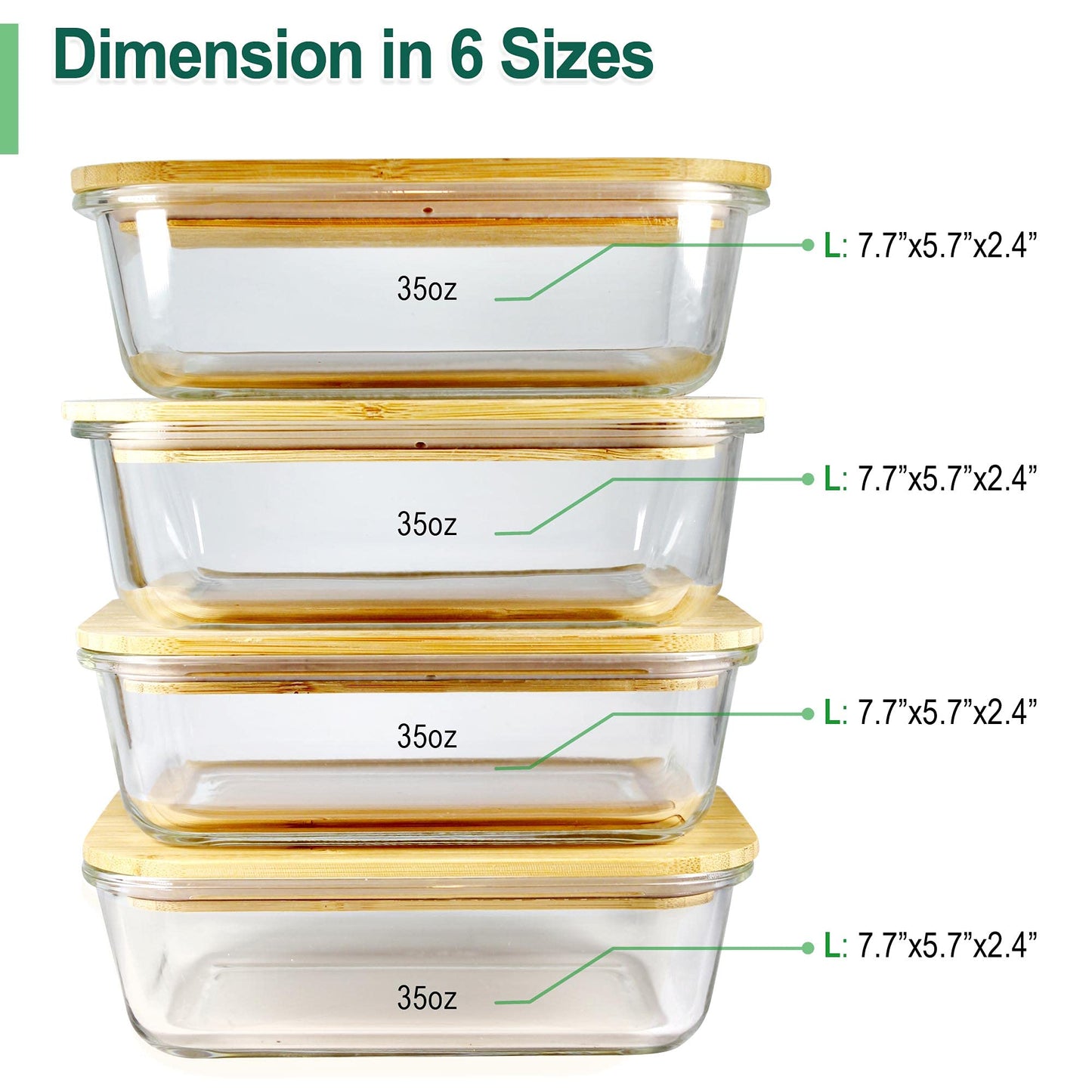 Urban Green Glass Containers with Bamboo Lids, Bamboo Meal Prep Storage Containers with Lids, Oven, Freezer, Microwave Safe, Pack of 4, 35oz