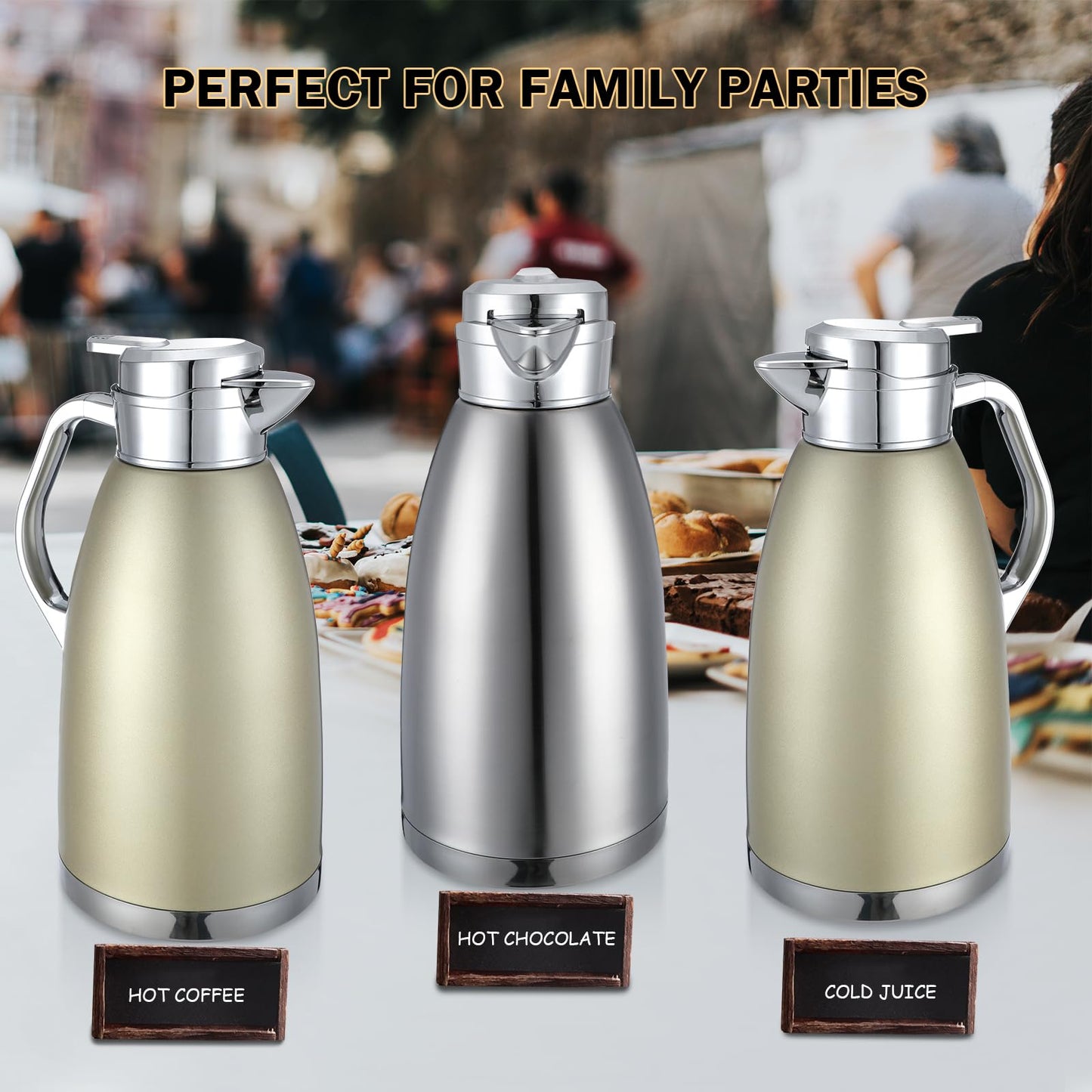 Tioncy 2 Pcs Thermal Coffee 78oz Insulated Carafe Hot Water Dispenser Stainless Steel Carafe for Liquid Coffee Tea Milk with 2 Brushes Keep 12 Hours Hot 24 Hours Cold(Gold, Silver)