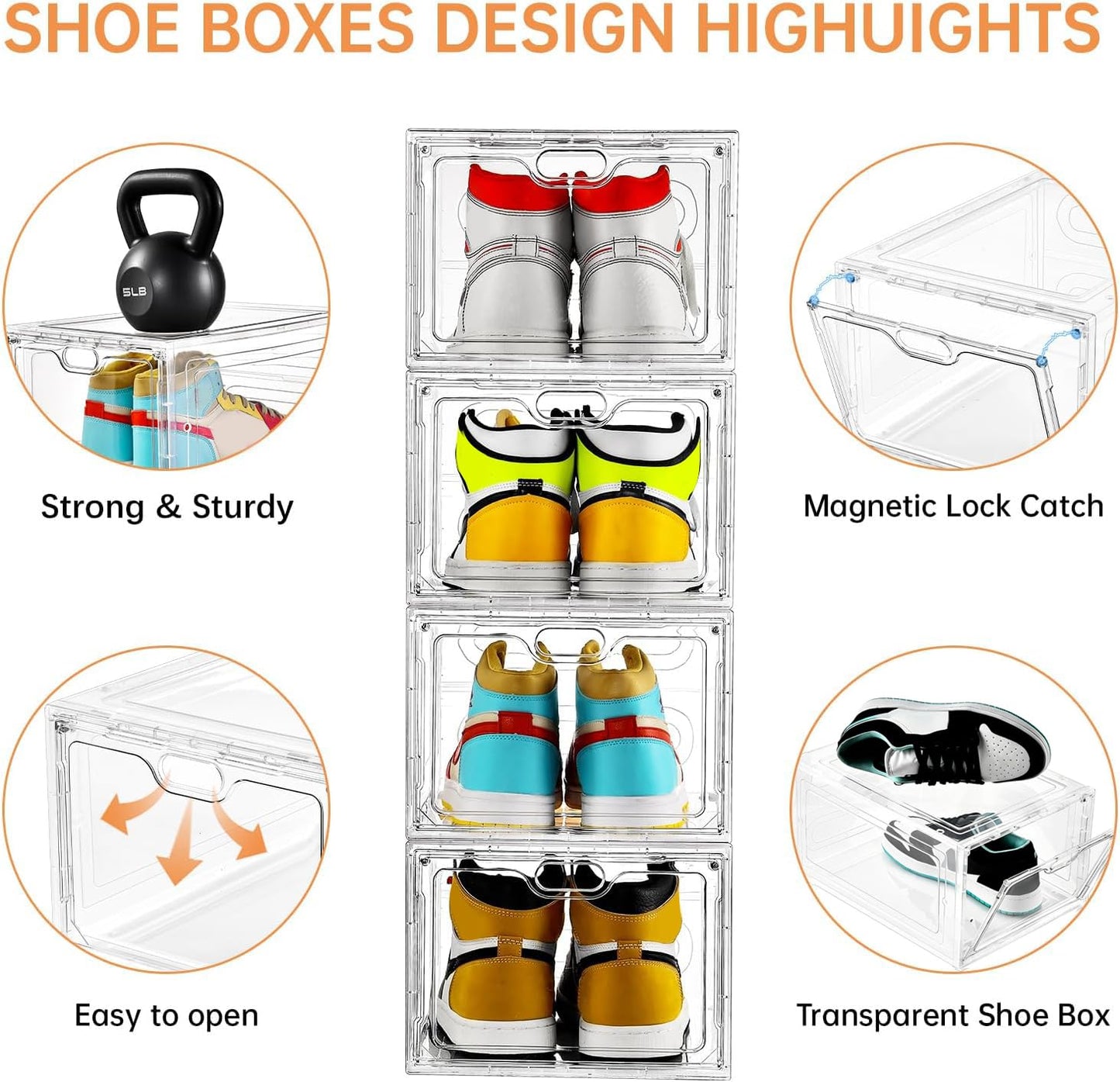 INSTY 6 Pack Large Shoe Storage Box, Clear Shoe Storage Organizer with Magnetic Door, Stackable,Shoe Containers For Display Sneakers, Easy Assembly, Fit up to US Size 12, Clear