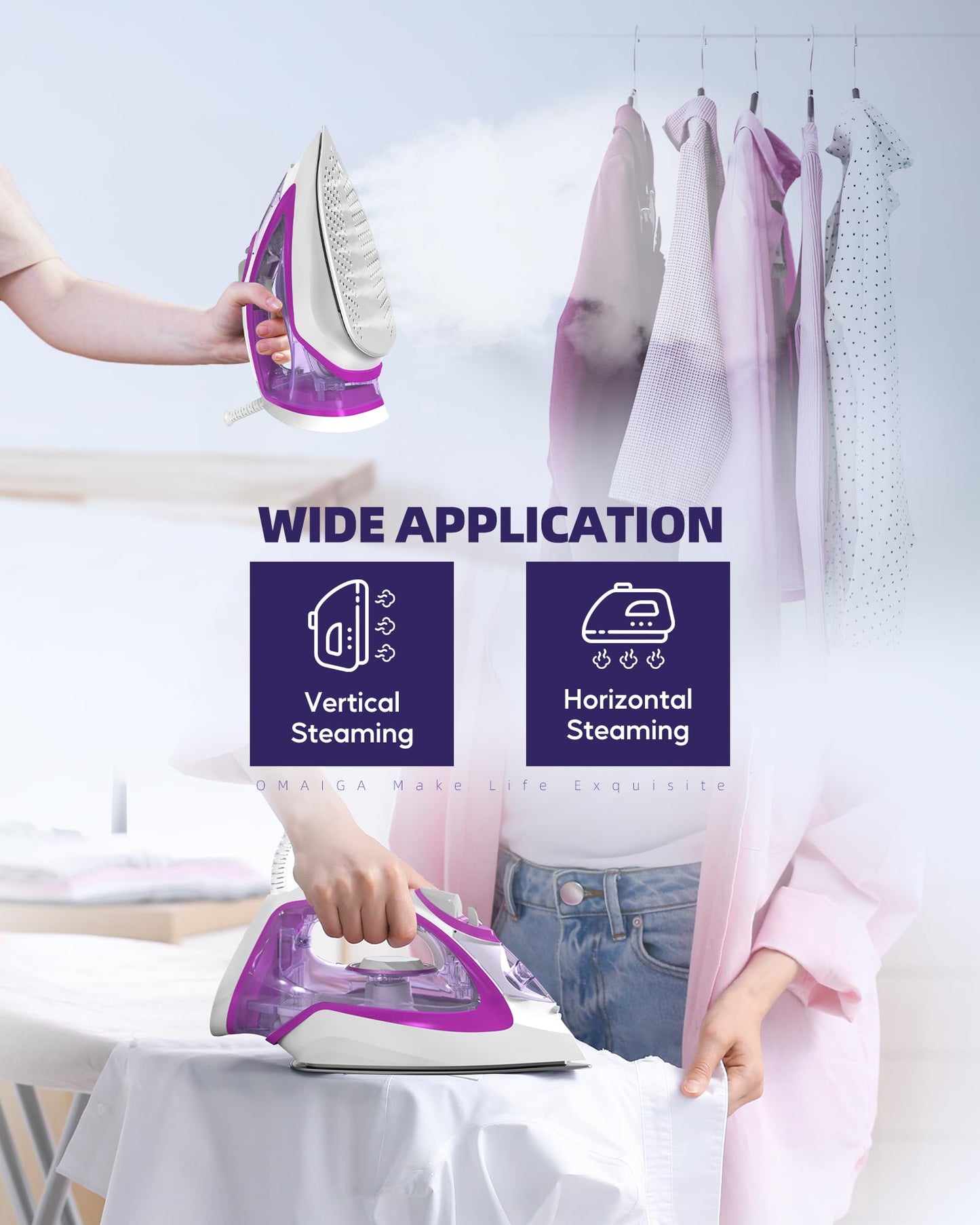 Omaiga Steam Iron for Clothes, 1750W Fast Heating with Powerful Steam, 15.21oz/450ml Large Water Tank, Ceramic Soleplate, Anti-Drip, Self-Cleaning, 3-Way Auto Shut Off for Home Laundry