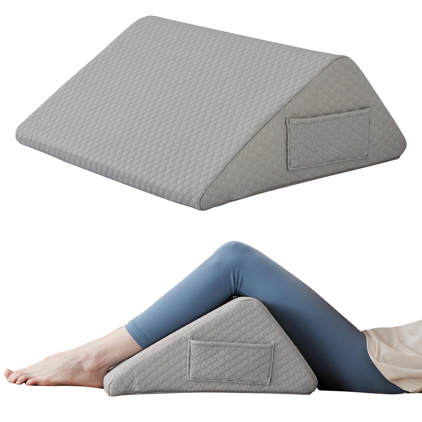 Ruqmuis Knee Pillow for Back Sleeping, 8” Knee Wedge Pillow to Elevate Knee, Leg Pillow for Back Pain Relief, Triangle Pillow, Leg Elevation Pillows for After Surgery, Blood Circulation, Grey
