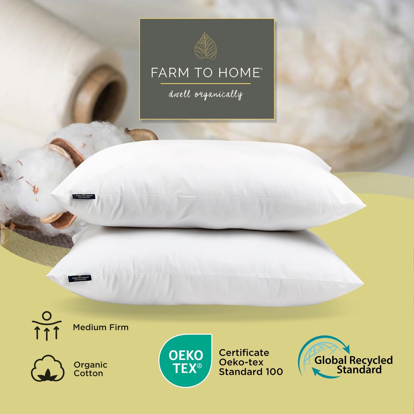 Farm To Home 100% Organic Cotton Cover Pillows Queen/Standard Size Set of 2, Down Alternative Hotel Quality Soft Bed Pillow for Back & Side Sleepers, Machine Washable, 20"x28", White