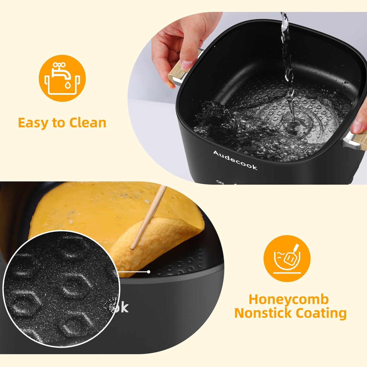 Audecook Hot Pot Electric, 2.5L Portable Nonstick Multicooker for 1-3 Persons, Honeycomb Texture Travel Electric Skillet with Dual Power Temperature Control for Steak/Egg/Noodles/Oatmeal (Black)