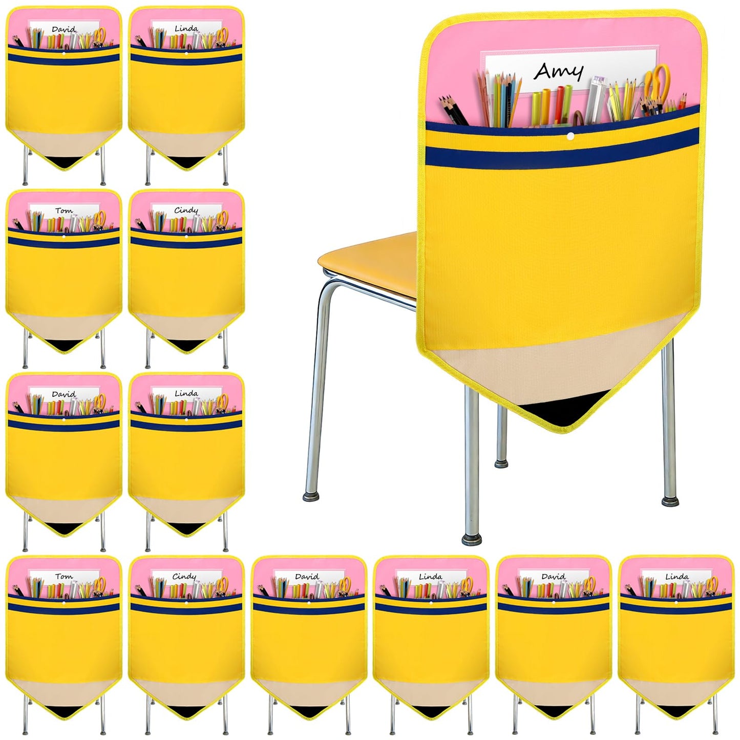 12 Pack Pencil Chair Pockets for Classrooms 17x18 Inch Seat Sacks with 12 Name Slots Chair Back Buddy Student Back of Chair Organizer for K-2 Seat Supplies
