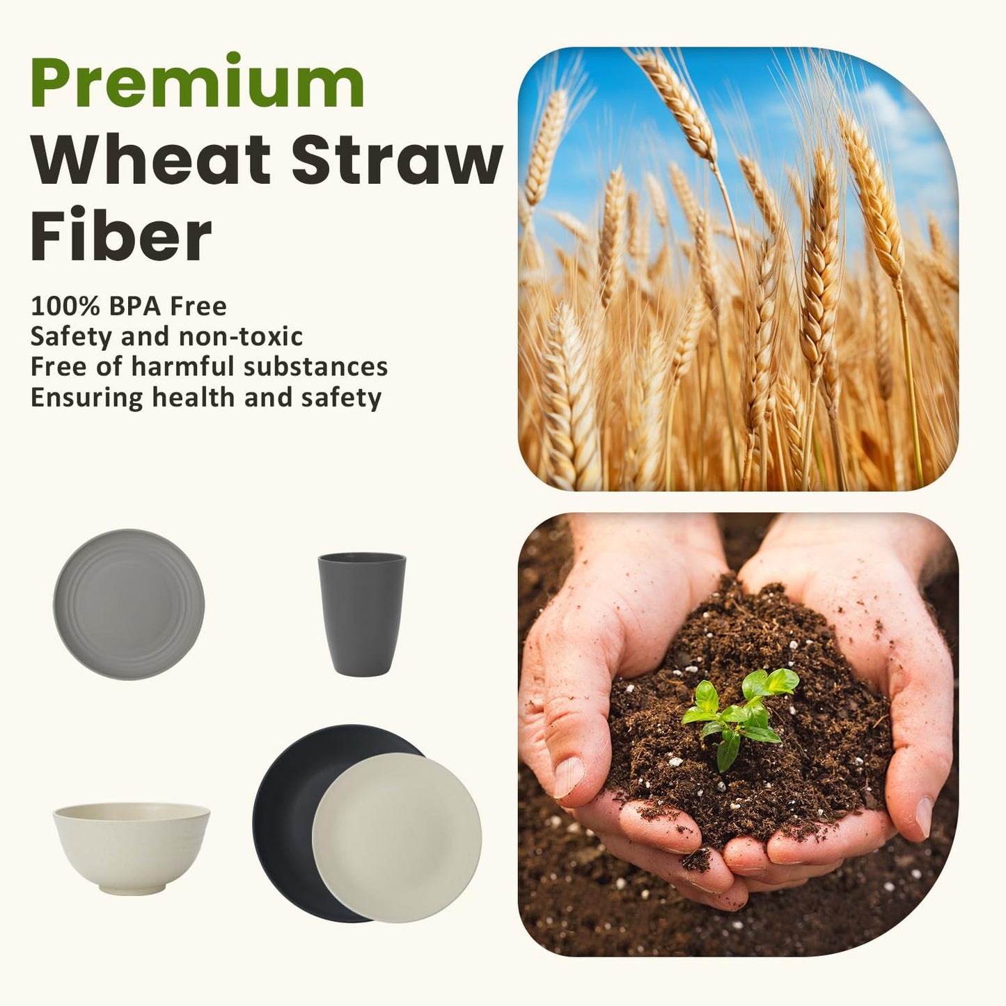 Homienly Kitchen Wheat Straw Dinnerware Set 40 PCS - Dinner Plates, Cereal Bowls, Wheat Straw Cups Set, Microwave and Dishwasher Safe Dishes Set, Unbreakable Dish Set for Party, Outdoor(Grey Stone)