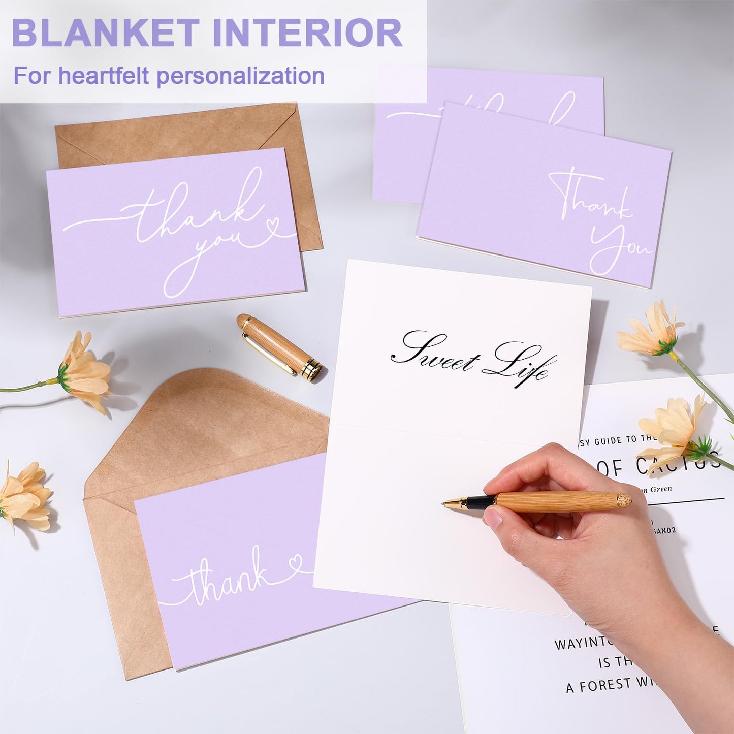 Teling 200 Set Thank You Cards with Envelopes Bulk, 6 x 4 Inch Blank Thank U Greeting Notes with Brown Kraft Envelopes Stickers Thankyou Card Set for Graduation Wedding Birthday Baby Shower(Purple)
