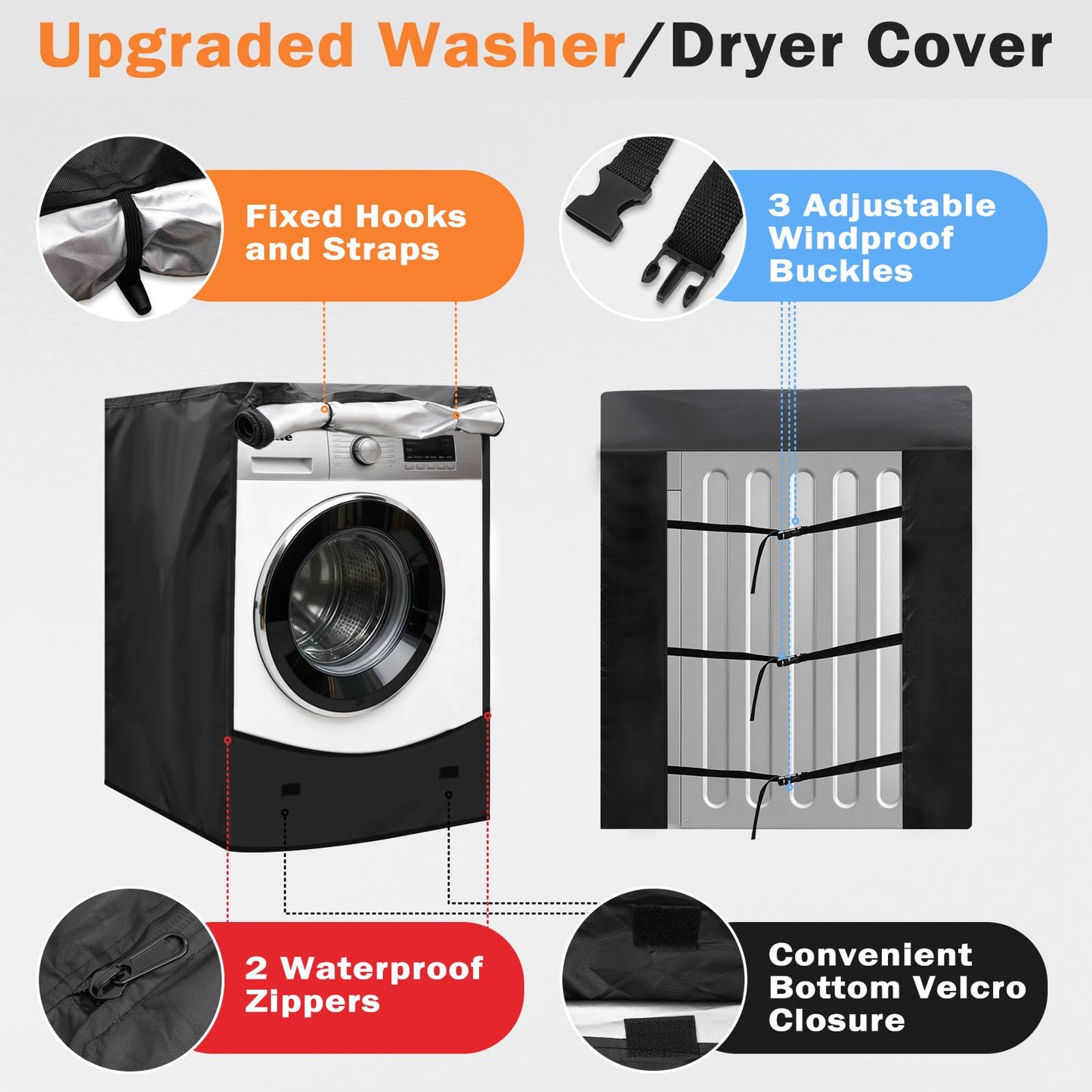 2-Pack Washing Machine Cover - Front Load, Heavy Duty Oxford Outdoor Cover, Waterproof/Dustproof/Anti-UV, Fits most front-load washer and dryer covers, 27"W x 33"D x 39"H-Black