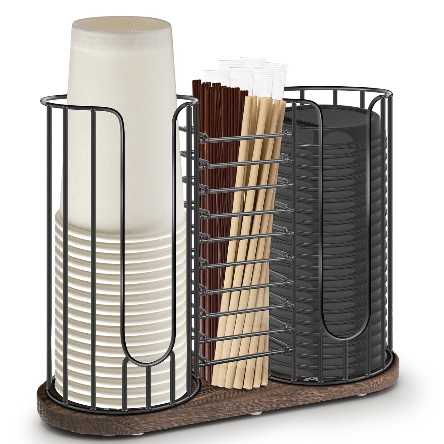Tanggiteck 3-Compartment 18oz Coffee Cup Dispenser Rack with Wood Base, Disposable Cup, and Lid Organizer for Countertop - Perfect for Paper Cups, Straws, and Kitchen Cabinet Storage