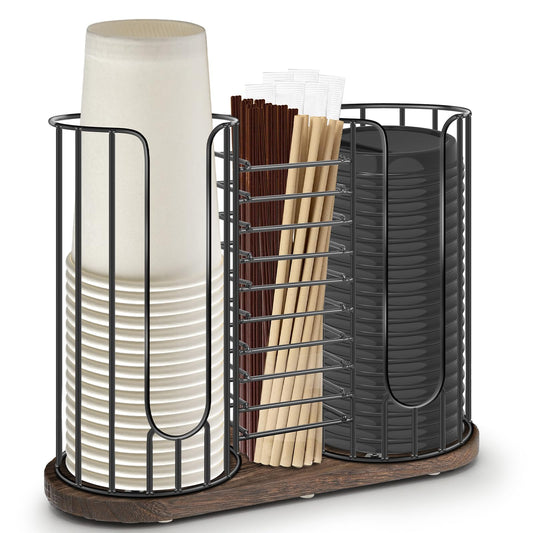 Tanggiteck 3-Compartment 18oz Coffee Cup Dispenser Rack with Wood Base, Disposable Cup, and Lid Organizer for Countertop - Perfect for Paper Cups, Straws, and Kitchen Cabinet Storage