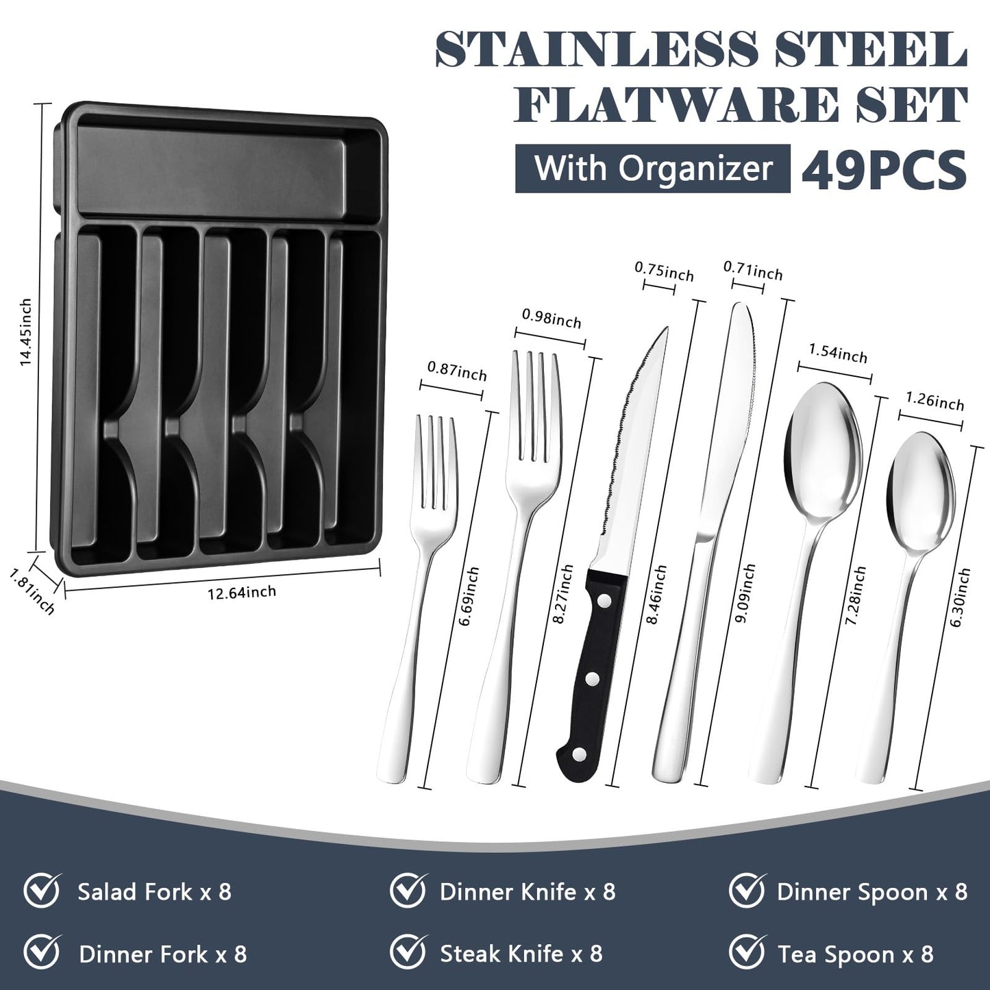 BEWOS 49-Piece Silverware Set with Organizer - Stainless Steel Silverware Set for 8 with Steak Knives and Drawer Organizer, Mirror Polished Flatware Set for Home and Restaurant, Dishwasher Safe