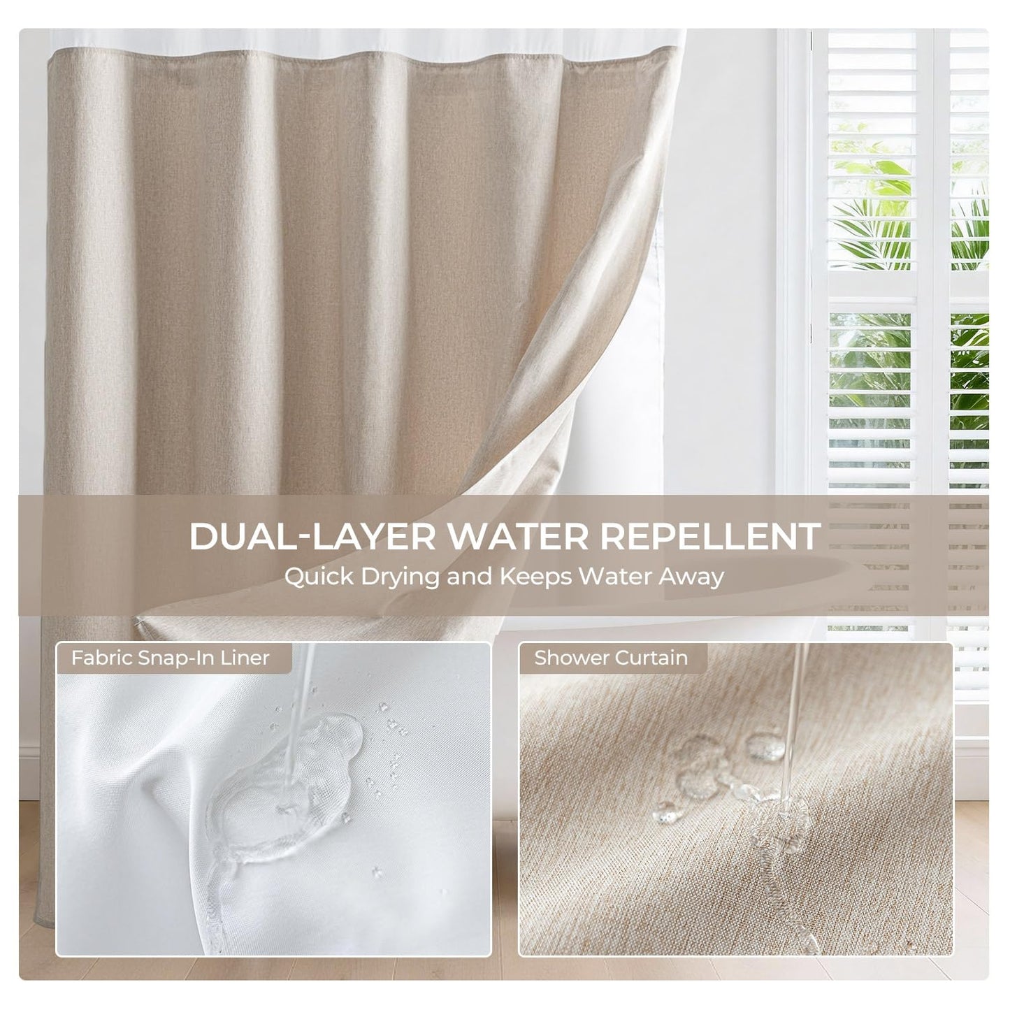 River Dream Linen Textured No Hook Shower Curtain with Snap-in Liner, Farmhouse Quick Dry Fabric Shower Curtain for Bathroom,Rustic Bathroom Set,See-Through Top Window,Water-Repellent,Linen,71Wx74L