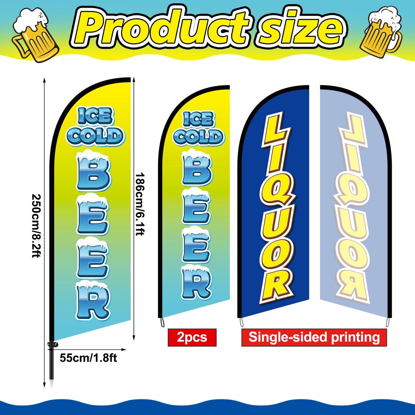 CrystalSylara 2 Pack 8.2 ft Ice Cold Beer Liquor Feather Flags Advertising Swooper Flag Banner Sign Included Hardware for Bars, Stores, Outdoor Businesses
