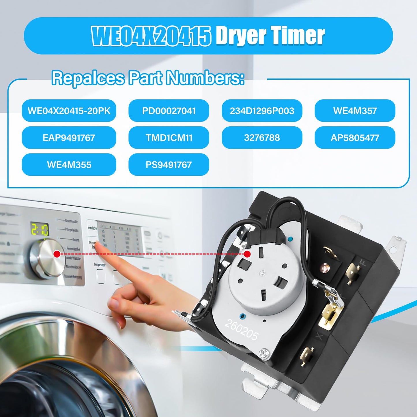 WE04X20415 Dryer Timer Compatible with GE Hotpoint Dryers, WE04X20415 Dryer Timer Control Replacement Part for TMD1CM11, WE4M355, AP5805477, 234D1296P003, EAP9491767, PD00027041, 3276788