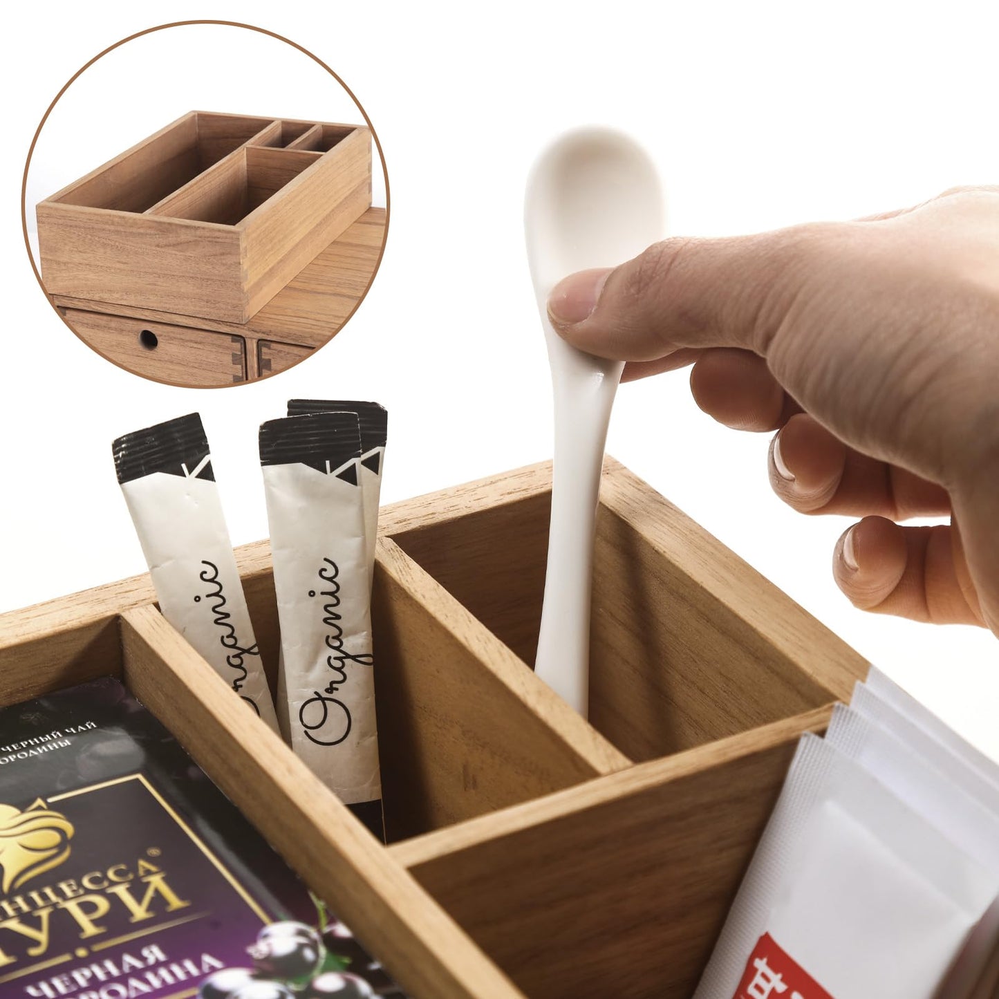 KIRIGEN Wooden Coffee Station Organizer 2-Piece Set - Coffee Bar Storage with Drawers for Sugar, Tea - Coffee Pod Holder and Accessories Organizer for Kitchen Counter Brown KFJTZ-DBR