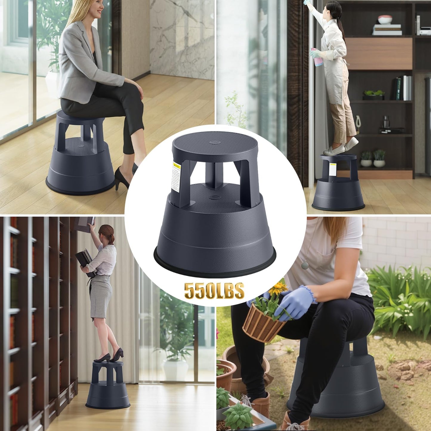 FurniCleevor Rolling Step Stool with Wheels, 550lbs Capacity, Non-Slip Platform & Retractable Casters, Round Kick Stool for Library, Kitchen, Office, Garage, Portable for Adults/Seniors/Kids (Black)