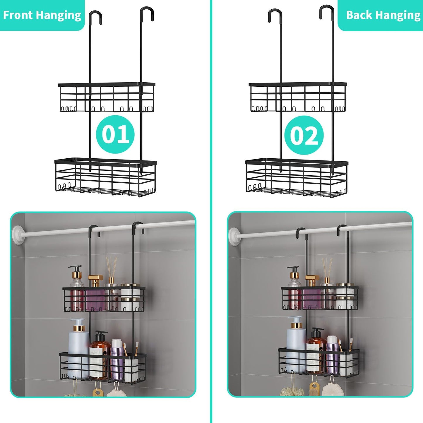 HapiRm Hanging Shower Caddy Organizer - No Drilling Shower Organizer with Hooks, Rustproof & Waterproof 304 Stainless Steel Bathroom Shelves - Black