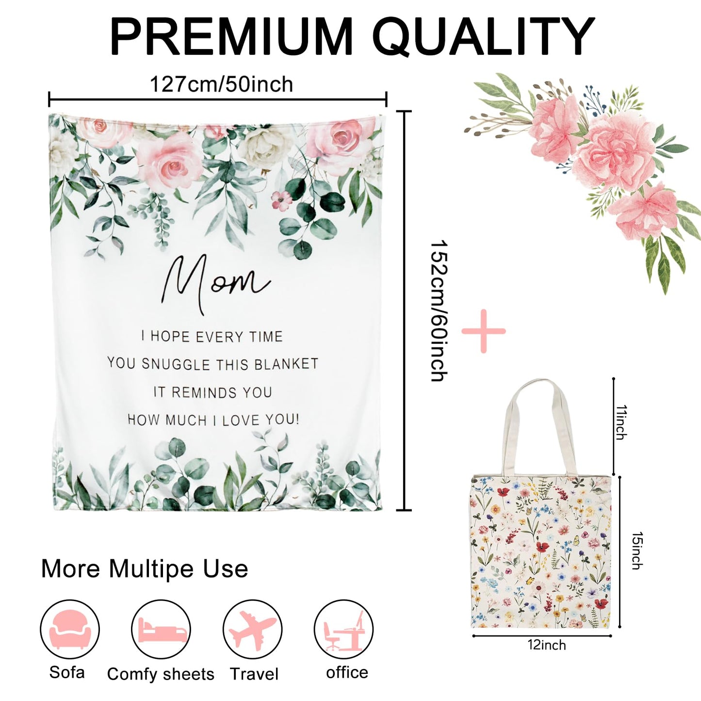 Mocsicka Mom Blanket for Mom - Ultra Soft Sherpa Fleece Throw from Daughter Son, 50x60 Inch Cozy Lightweight Luxury Throw for Women, Set with Floral Tote Bag