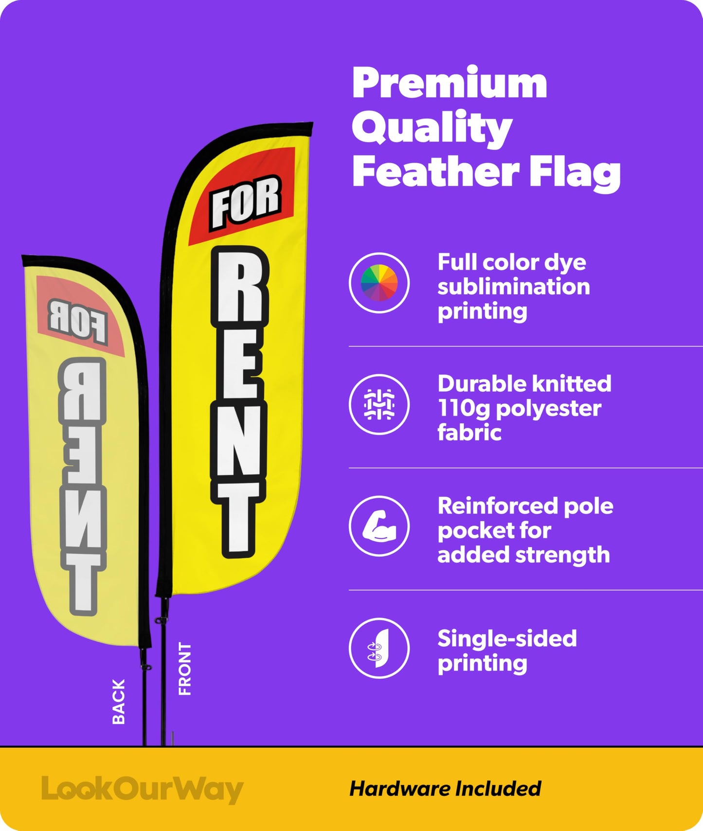 LookOurWay Feather Flag Pole Kit - 7 Feet Tall Advertising Banner with Fiberglass Pole Set and Ground Spike for Business Promotion - Real Estate Flags - For Rent