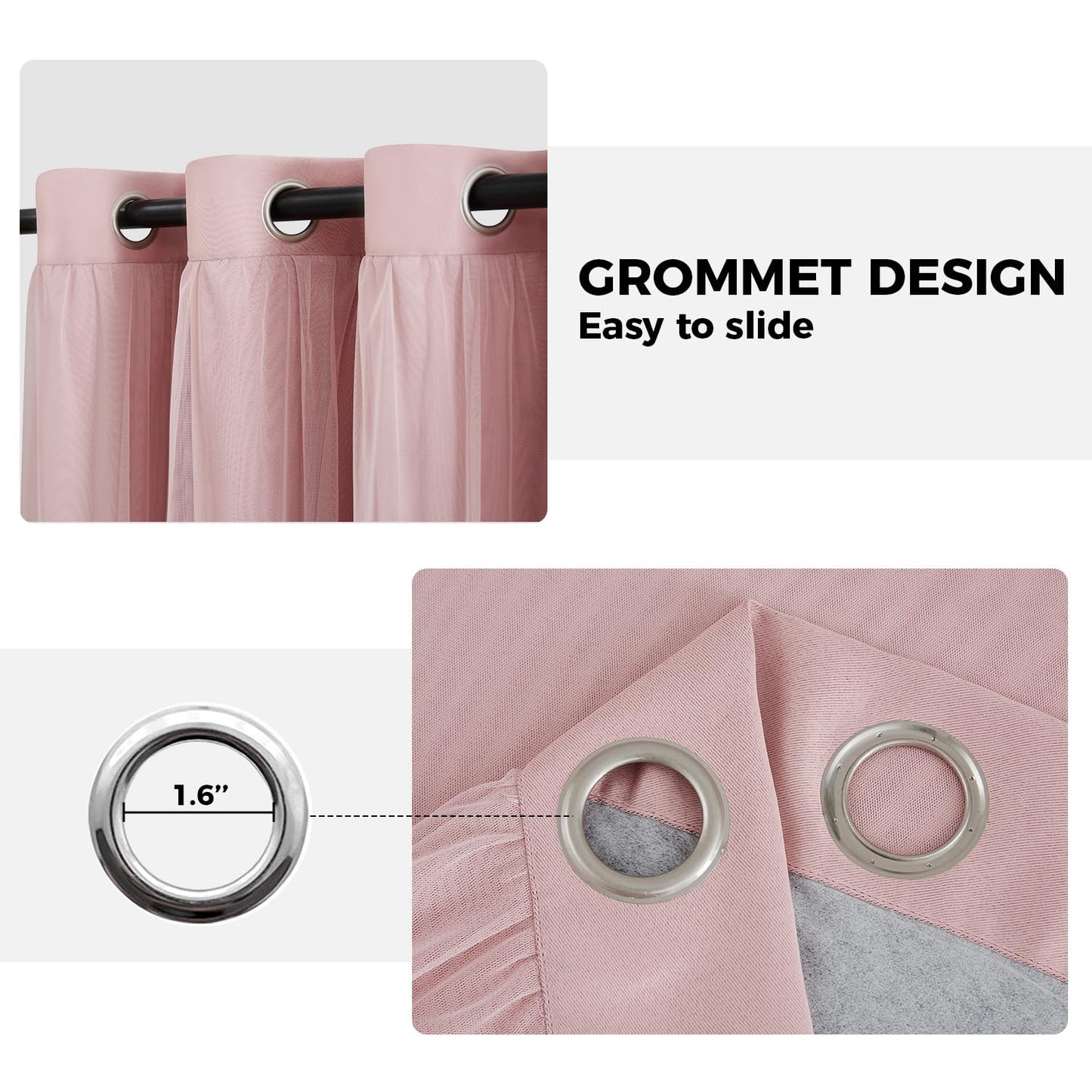 Swandream 100% Blackout Curtains for Bedroom, Double Layer Pink Curtains, Black Out Curtain 84 inch Long with Sheer Overlay for Living Room, Room Darkening Window Drapes with Grommet, 52" W x 84" L